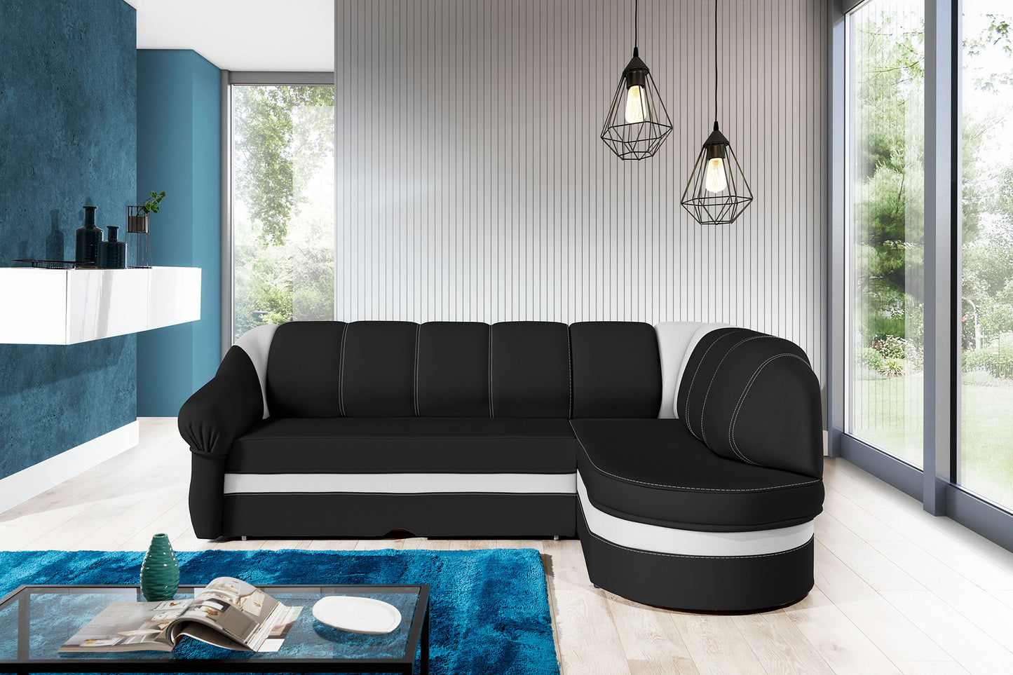 Narożnik Benano w aranżacji salonu, czarna tapicerka Soft 11 z białym wykończeniem Soft 17