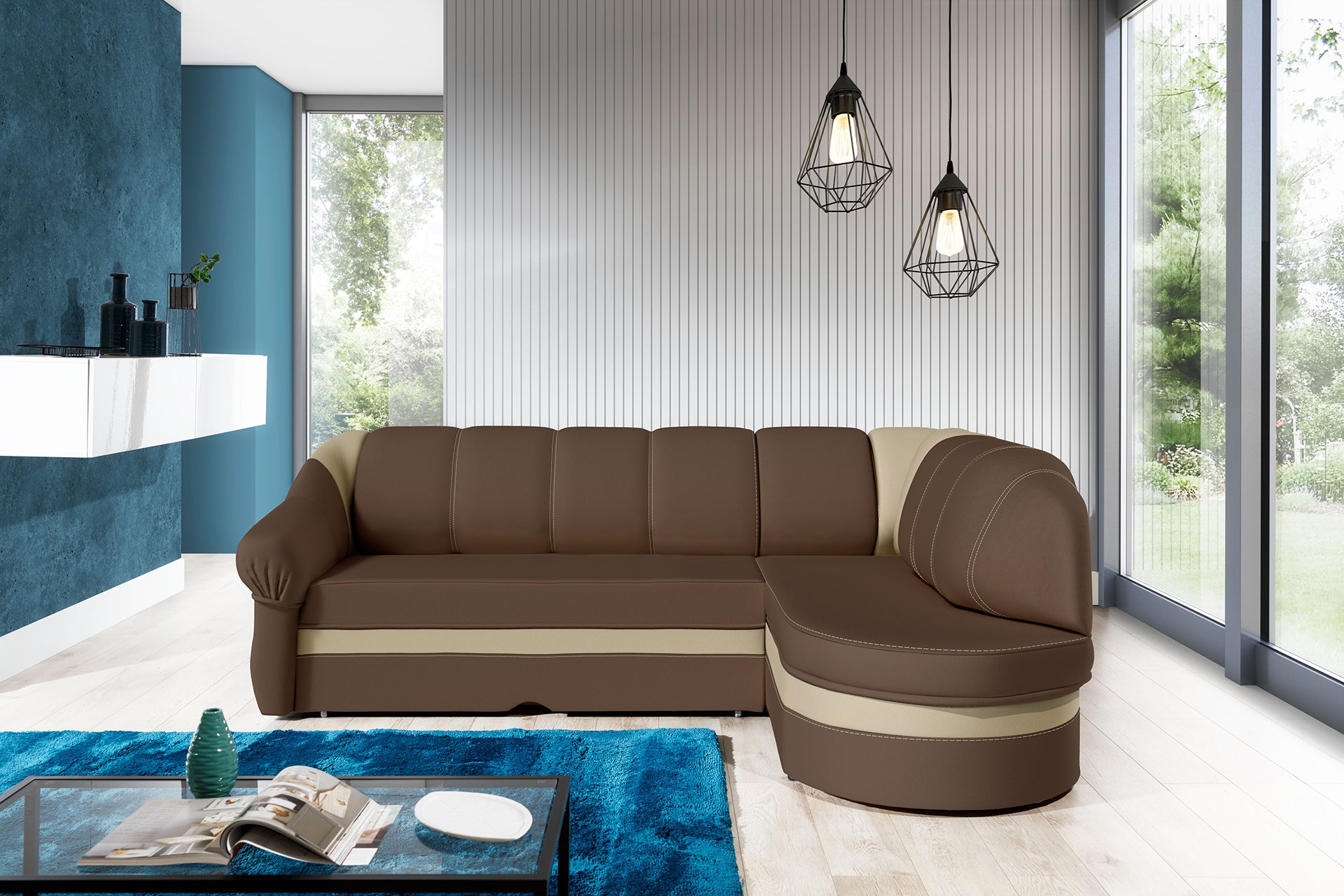 Narożnik Benano w aranżacji salonu, brązowy Soft 15 z beżowym wykończeniem Soft 18