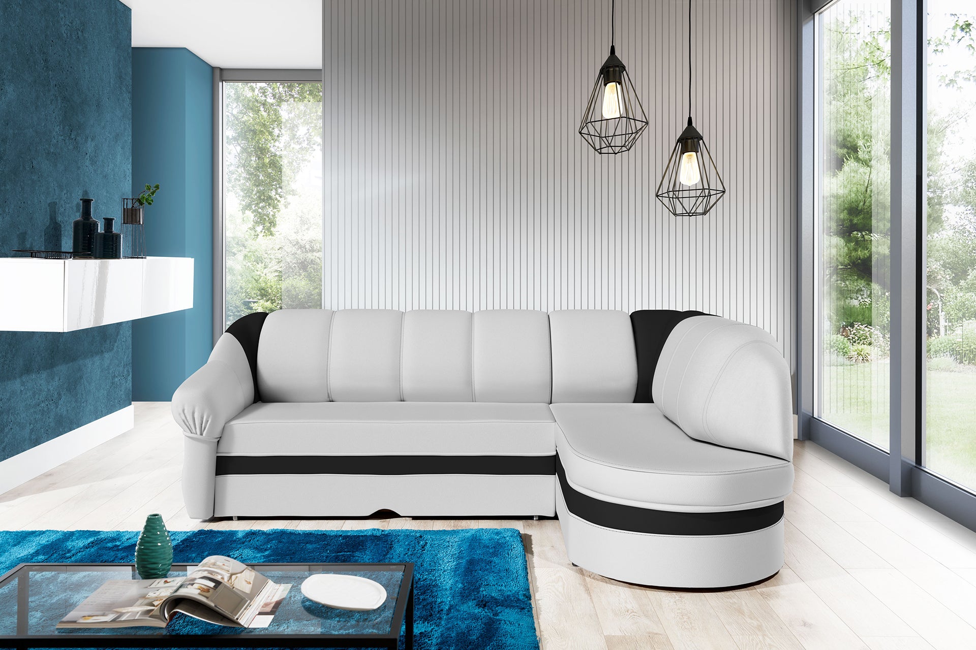 Narożnik Benano w aranżacji salonu, biały Soft 17 z czarnym wykończeniem Soft 11

