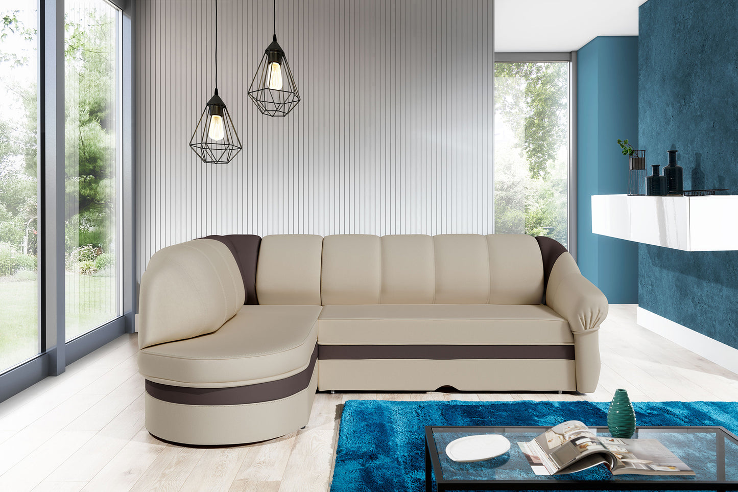 Narożnik Benano w aranżacji salonu, jasnobeżowy z brązowym wykończeniem

