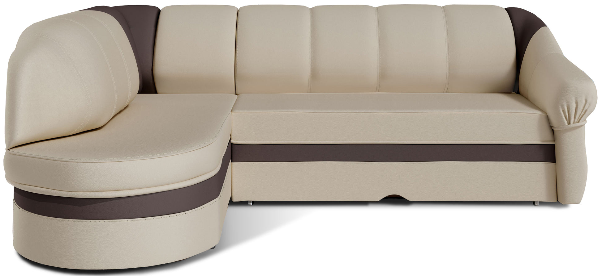 Narożnik Benano lewostronny w tkaninie Soft 33 jasnobeżowy z brązowymi wykończeniami – zdjęcie produktowe