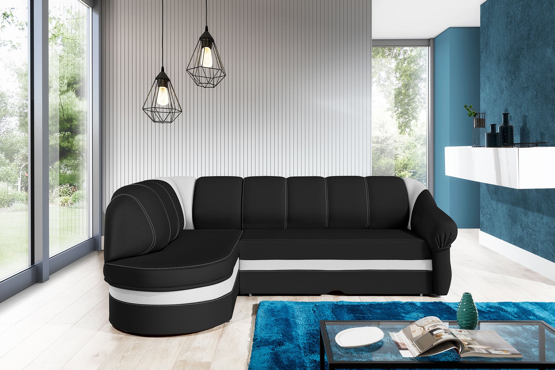 Narożnik Benano w salonie, Soft 11 czarny i Soft 17 biały, widok z przodu