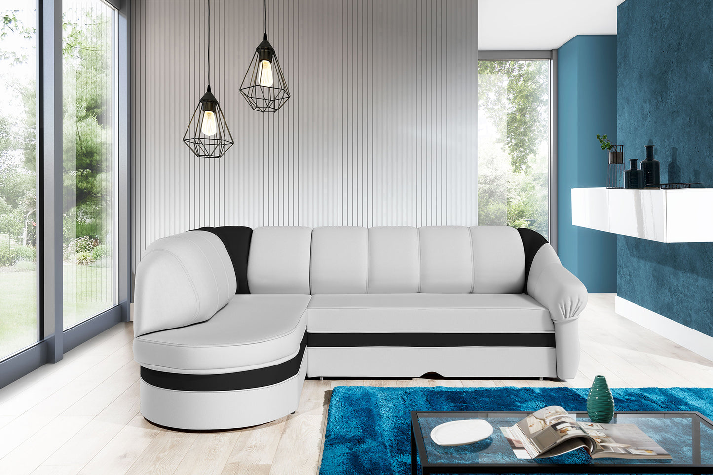 Narożnik Benano w salonie, Soft 17 biały i Soft 11 czarny, widok z przodu