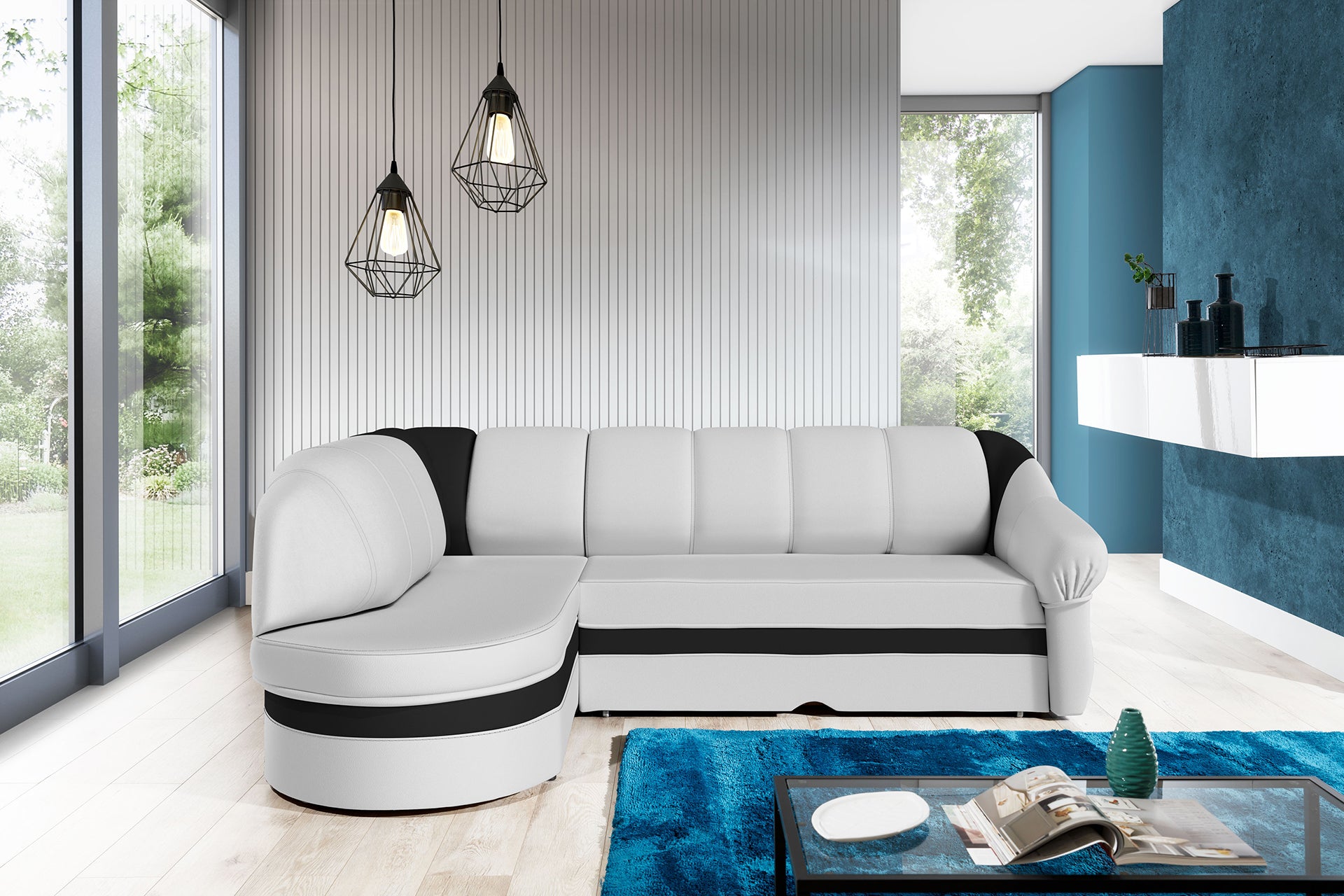 Narożnik Benano w salonie, Soft 17 biały i Soft 11 czarny, widok z przodu