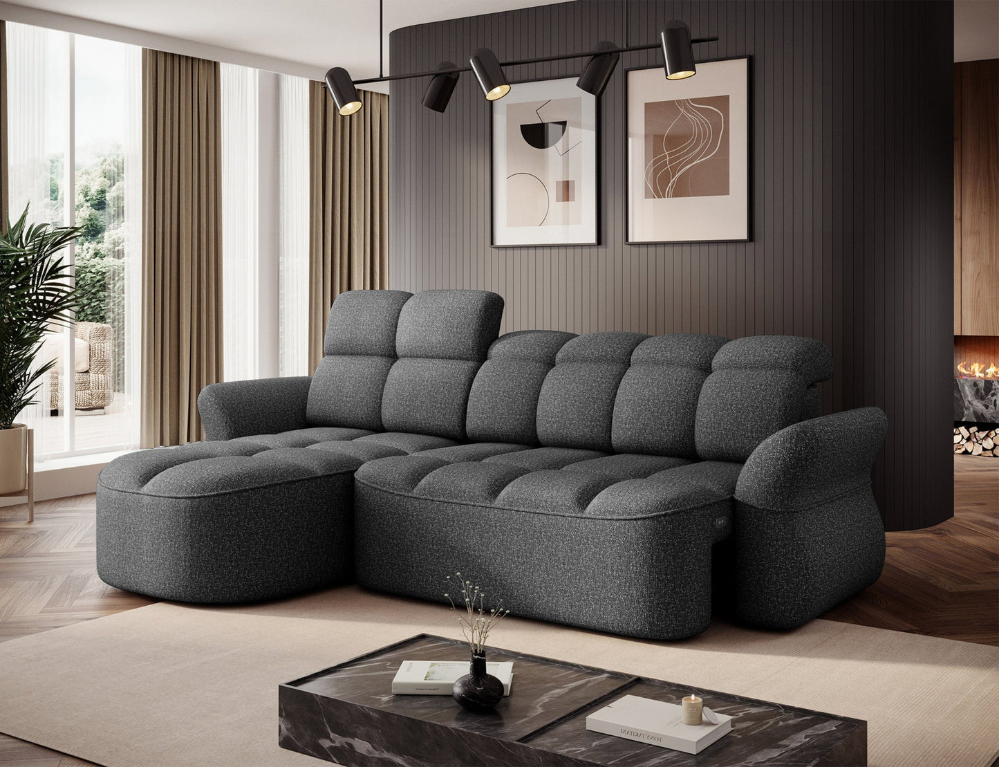 Szary narożnik L-kształtny lewy z funkcją spania, elektrycznym wysuwem siedziska i pojemnikiem na pościel