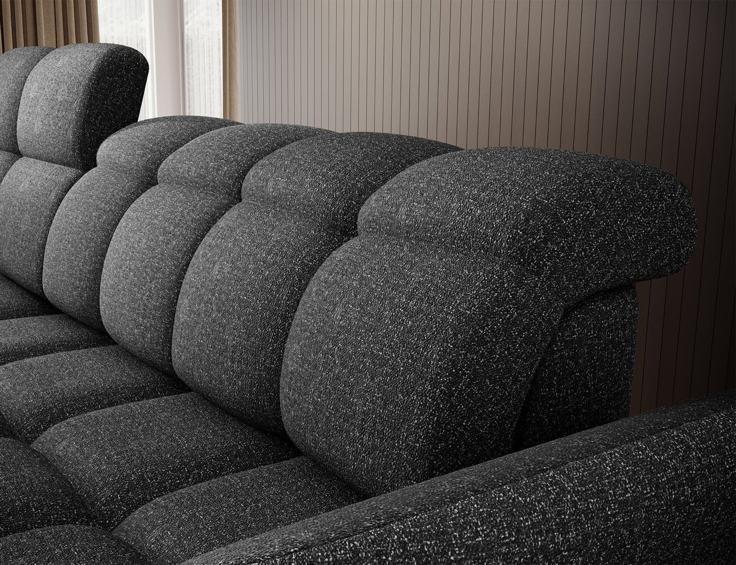 Szary narożnik L-kształtny lewy z funkcją spania, elektrycznym wysuwem siedziska i pojemnikiem na pościel