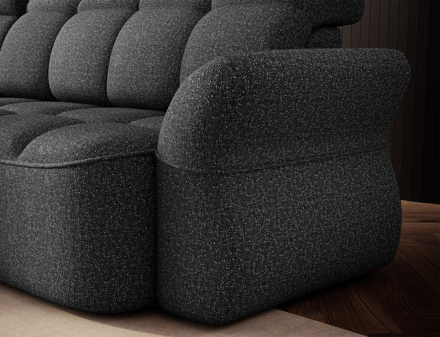 Szary narożnik L-kształtny lewy z funkcją spania, elektrycznym wysuwem siedziska i pojemnikiem na pościel