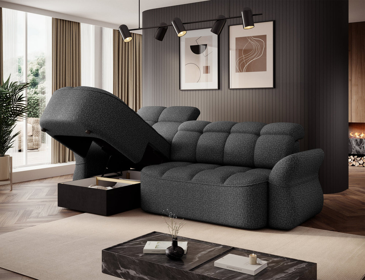 Szary narożnik L-kształtny lewy z funkcją spania, elektrycznym wysuwem siedziska i pojemnikiem na pościel