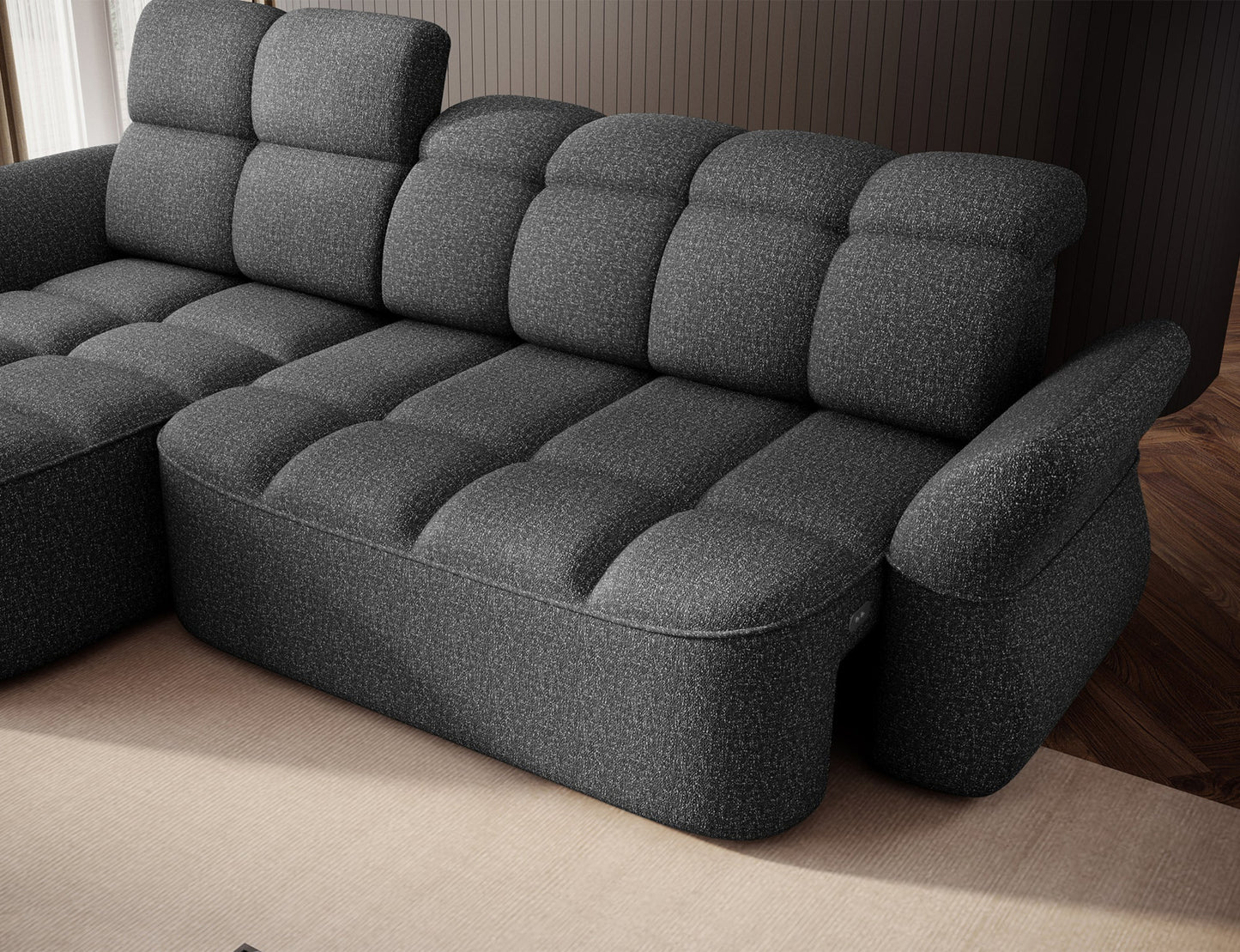 Szary narożnik L-kształtny lewy z funkcją spania, elektrycznym wysuwem siedziska i pojemnikiem na pościel