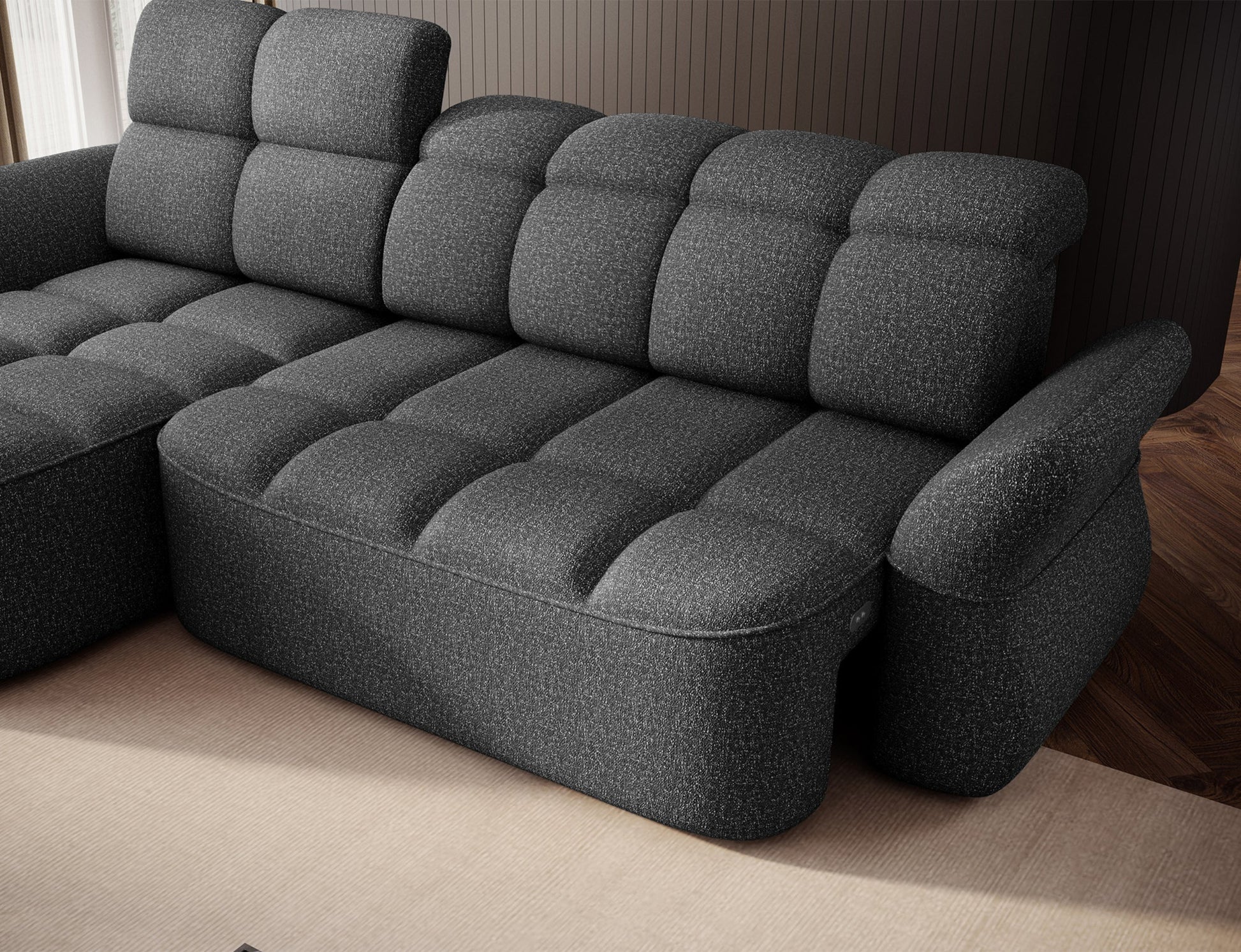 Szary narożnik L-kształtny lewy z funkcją spania, elektrycznym wysuwem siedziska i pojemnikiem na pościel