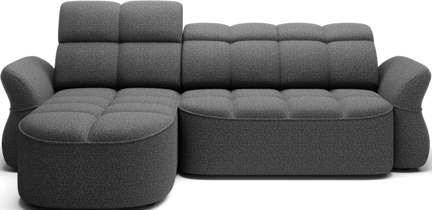 Szary narożnik L-kształtny lewy z funkcją spania, elektrycznym wysuwem siedziska i pojemnikiem na pościel