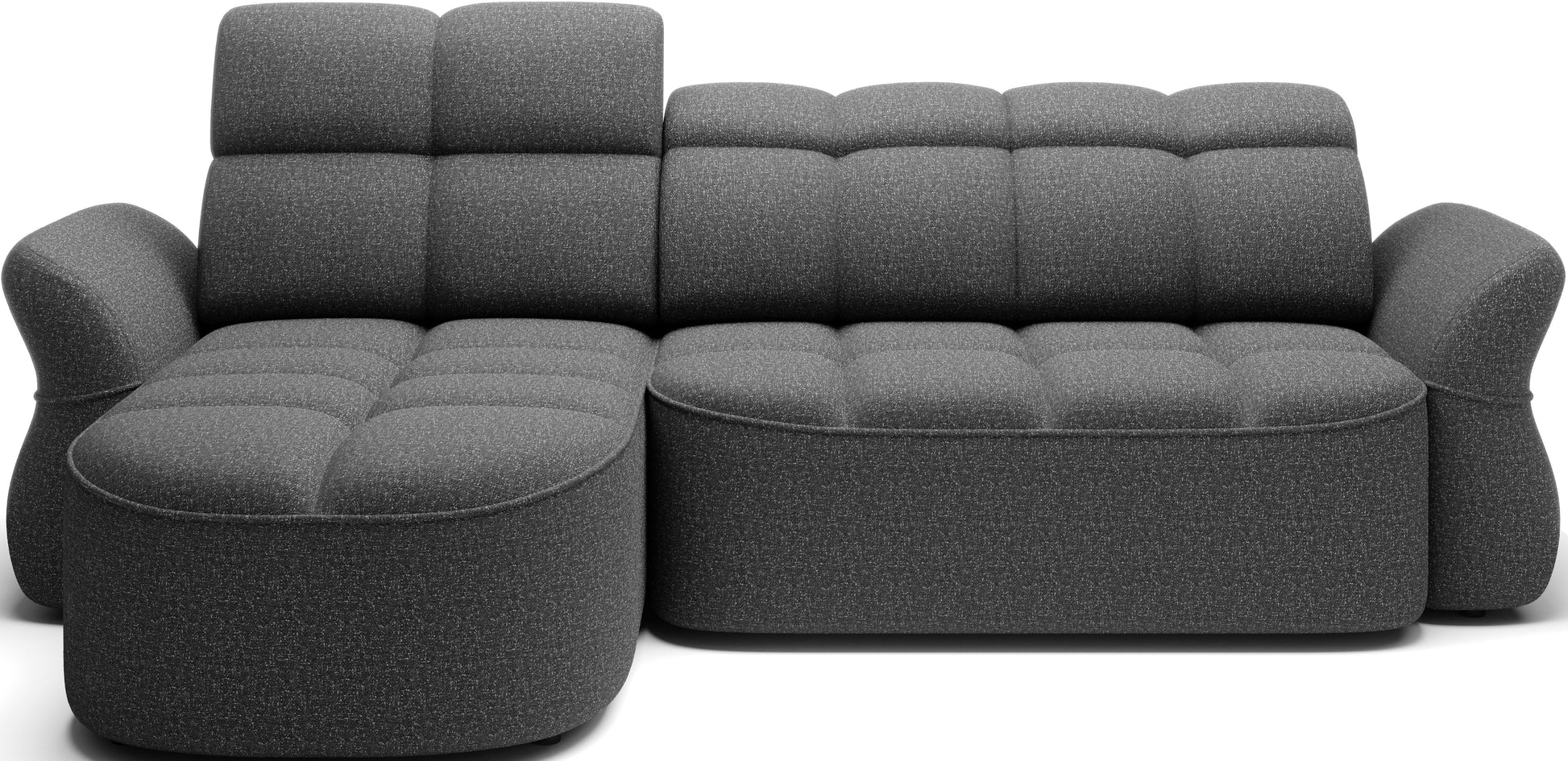 Szary narożnik L-kształtny lewy z funkcją spania, elektrycznym wysuwem siedziska i pojemnikiem na pościel