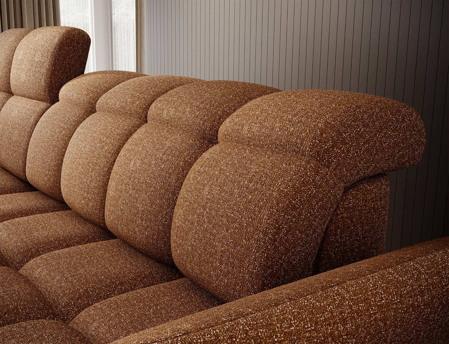 Żółty narożnik L-kształtny lewy z funkcją spania, elektrycznym wysuwem siedziska i pojemnikiem na pościel