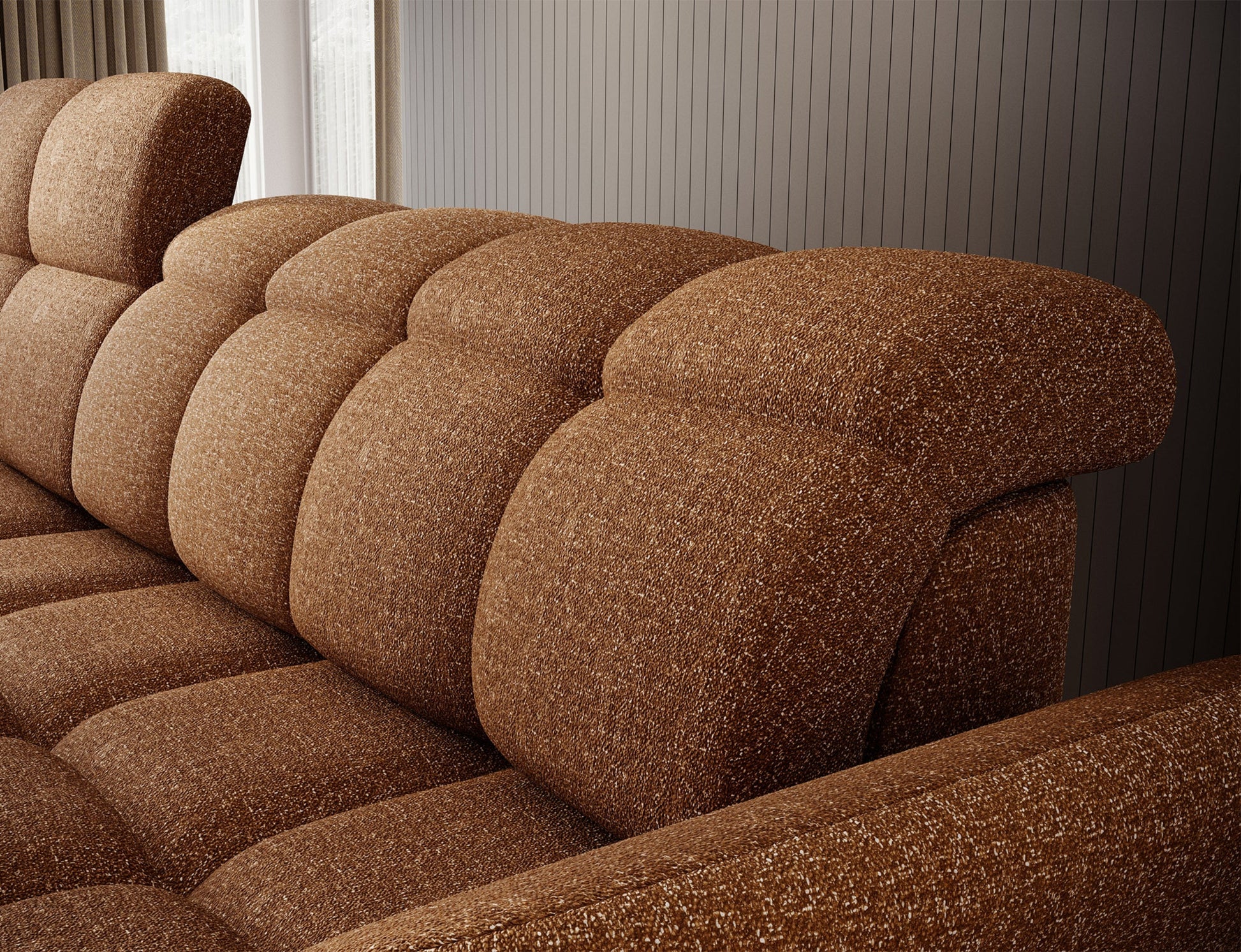 Żółty narożnik L-kształtny lewy z funkcją spania, elektrycznym wysuwem siedziska i pojemnikiem na pościel