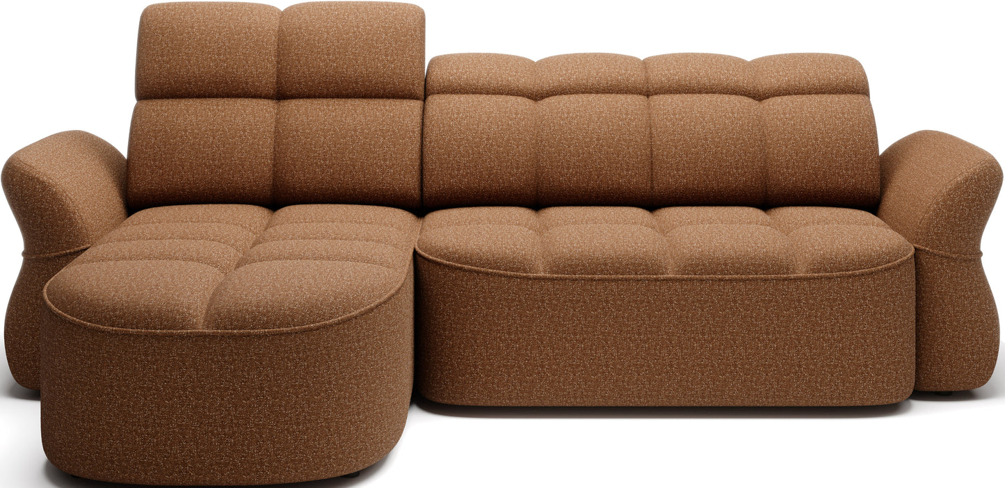 Żółty narożnik L-kształtny lewy z funkcją spania, elektrycznym wysuwem siedziska i pojemnikiem na pościel