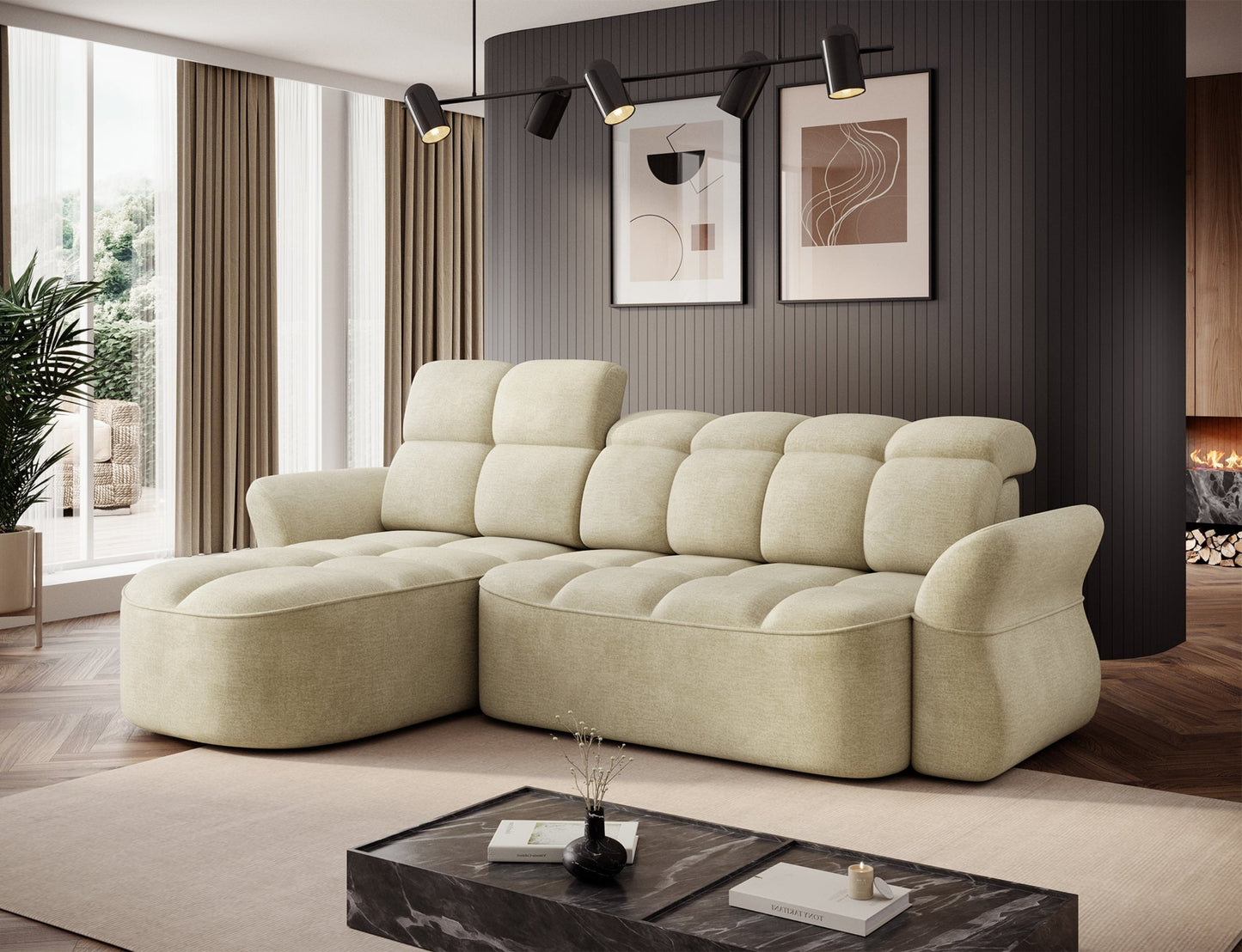 Jasnobeżowy narożnik L-kształtny lewy z funkcją spania, elektrycznym wysuwem siedziska i pojemnikiem na pościel