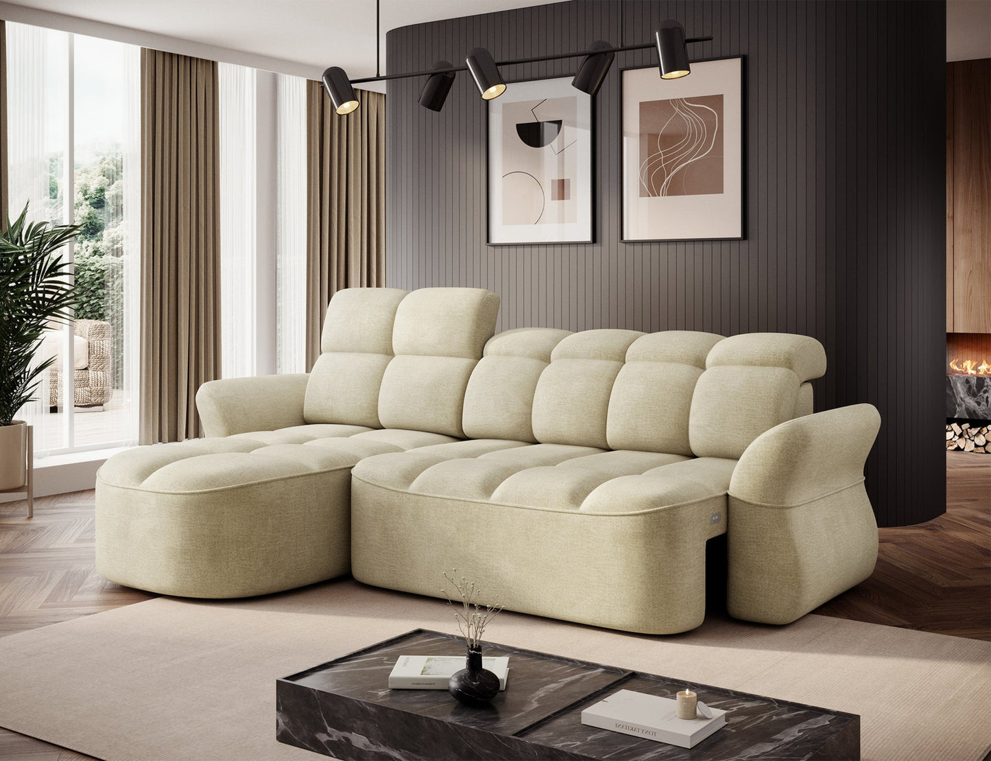 Jasnobeżowy narożnik L-kształtny lewy z funkcją spania, elektrycznym wysuwem siedziska i pojemnikiem na pościel