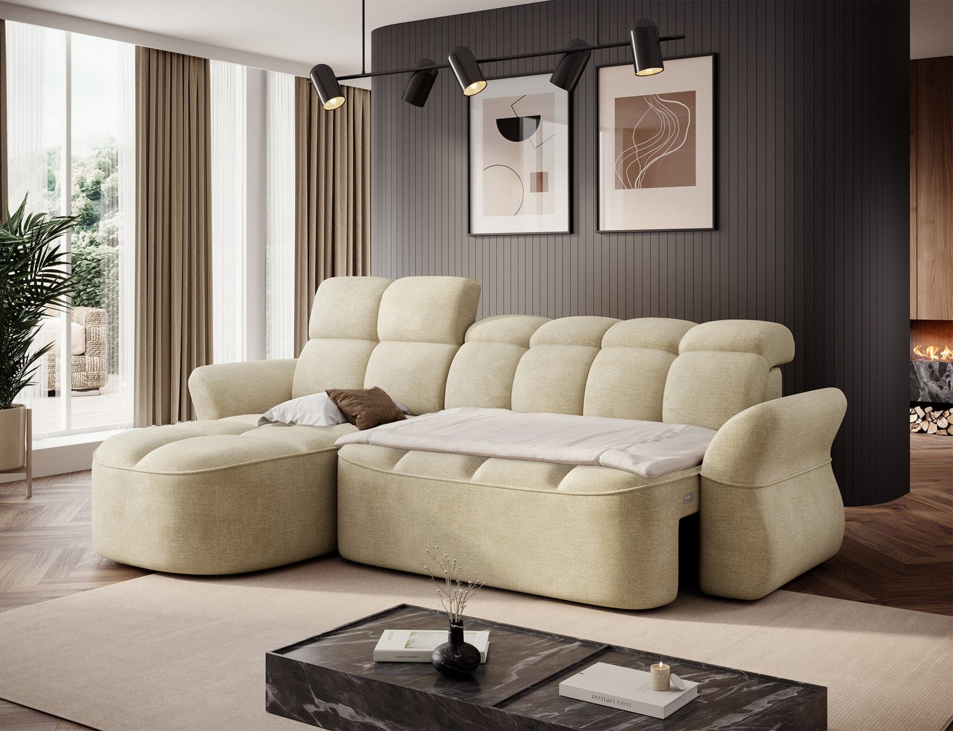 Jasnobeżowy narożnik L-kształtny lewy z funkcją spania, elektrycznym wysuwem siedziska i pojemnikiem na pościel