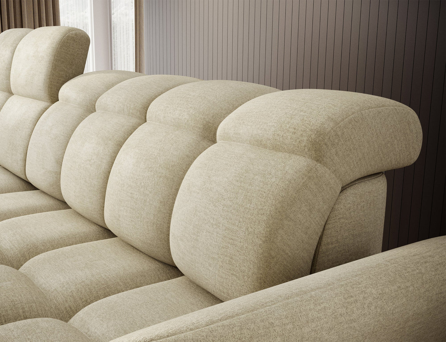 Jasnobeżowy narożnik L-kształtny lewy z funkcją spania, elektrycznym wysuwem siedziska i pojemnikiem na pościel