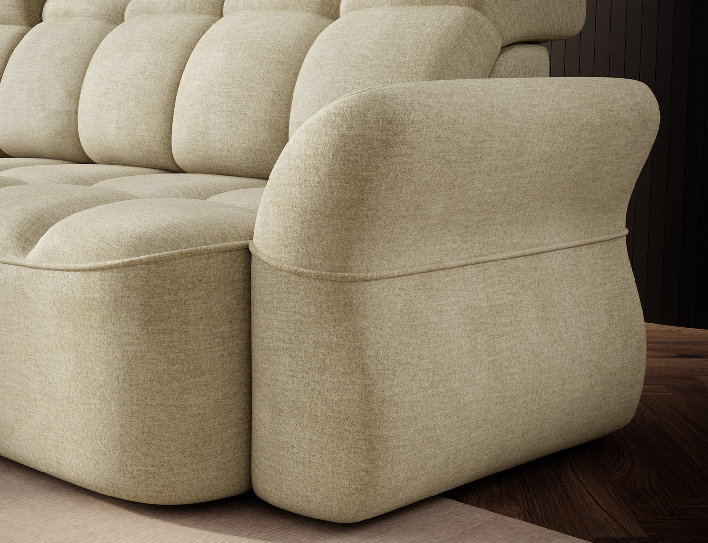 Jasnobeżowy narożnik L-kształtny lewy z funkcją spania, elektrycznym wysuwem siedziska i pojemnikiem na pościel