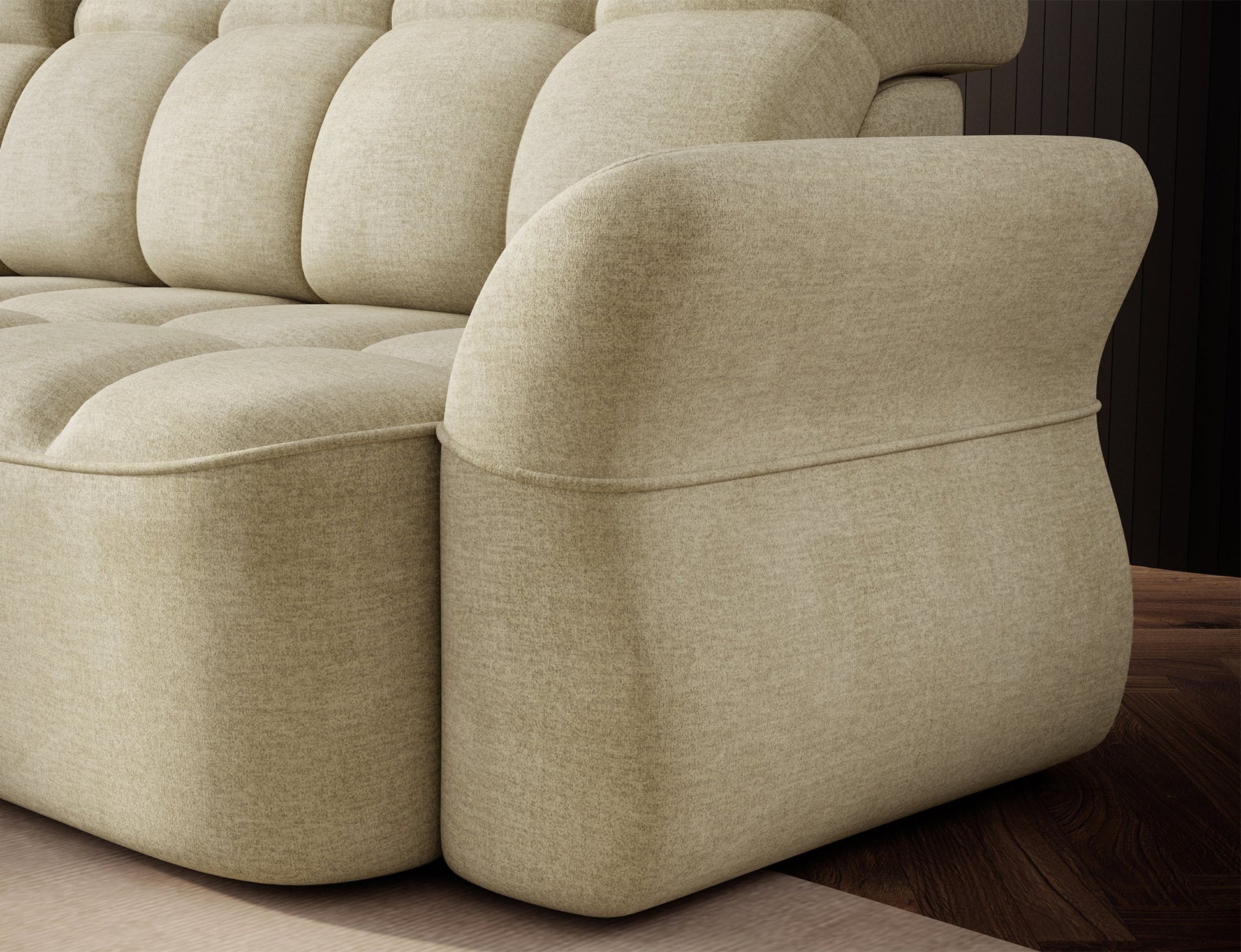 Jasnobeżowy narożnik L-kształtny lewy z funkcją spania, elektrycznym wysuwem siedziska i pojemnikiem na pościel