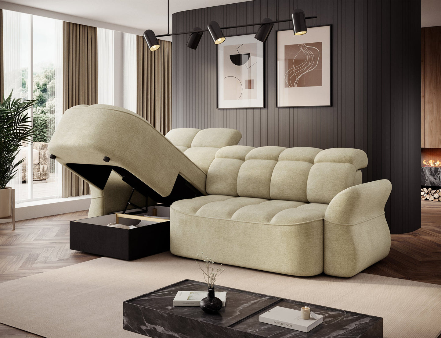 Jasnobeżowy narożnik L-kształtny lewy z funkcją spania, elektrycznym wysuwem siedziska i pojemnikiem na pościel