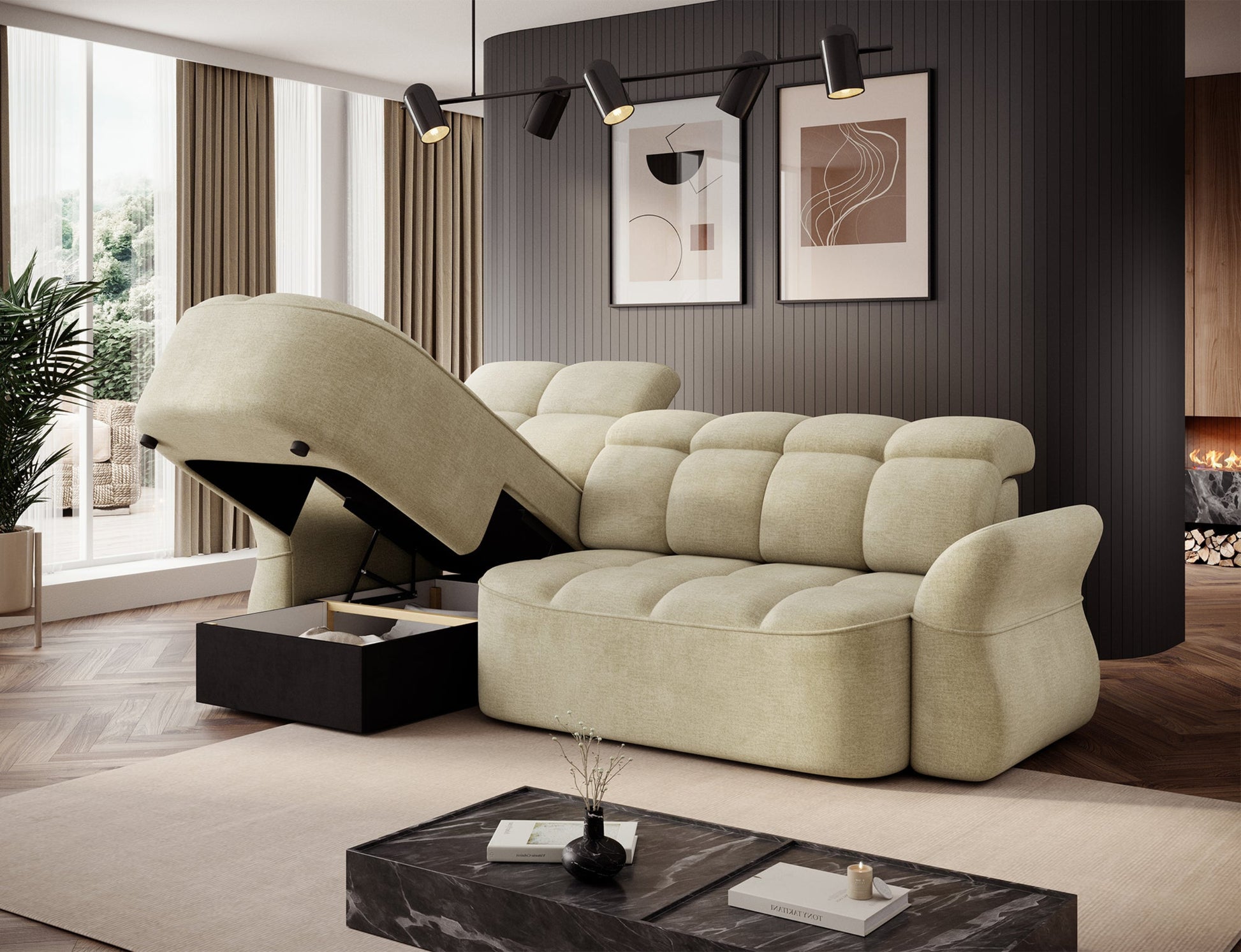 Jasnobeżowy narożnik L-kształtny lewy z funkcją spania, elektrycznym wysuwem siedziska i pojemnikiem na pościel