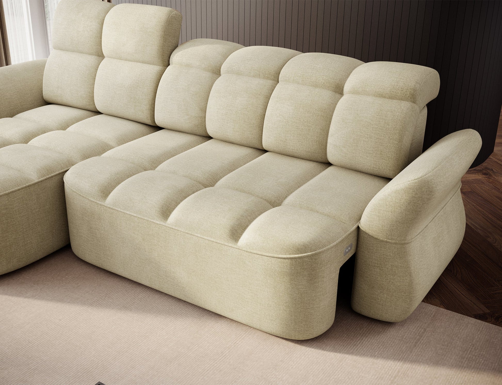 Jasnobeżowy narożnik L-kształtny lewy z funkcją spania, elektrycznym wysuwem siedziska i pojemnikiem na pościel