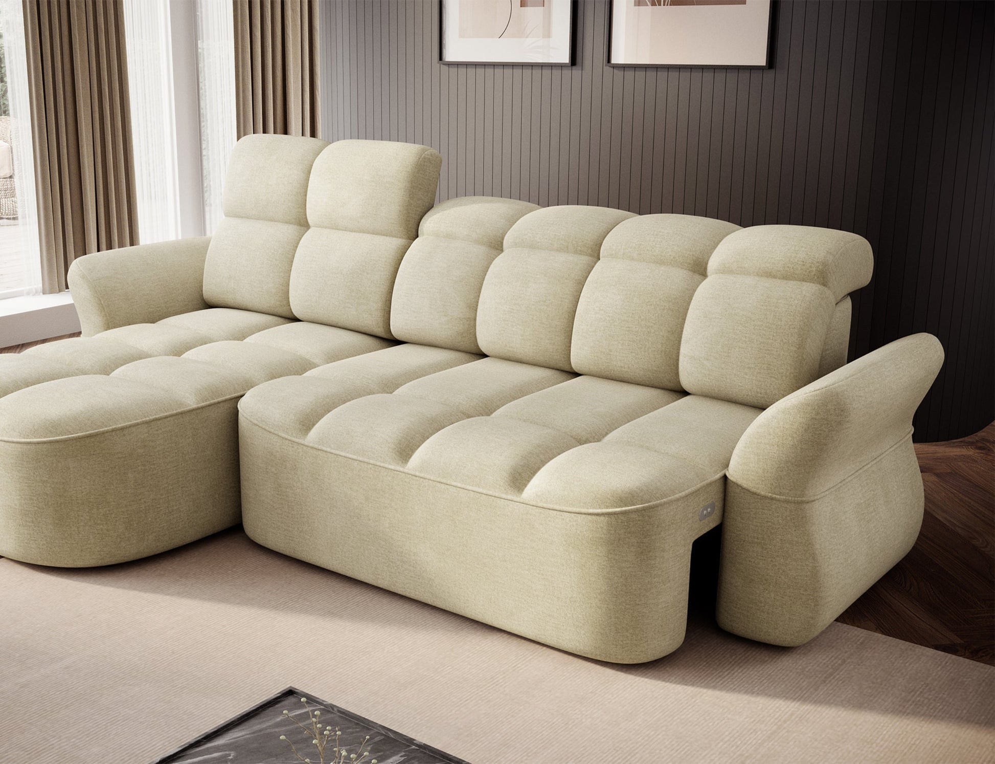 Jasnobeżowy narożnik L-kształtny lewy z funkcją spania, elektrycznym wysuwem siedziska i pojemnikiem na pościel