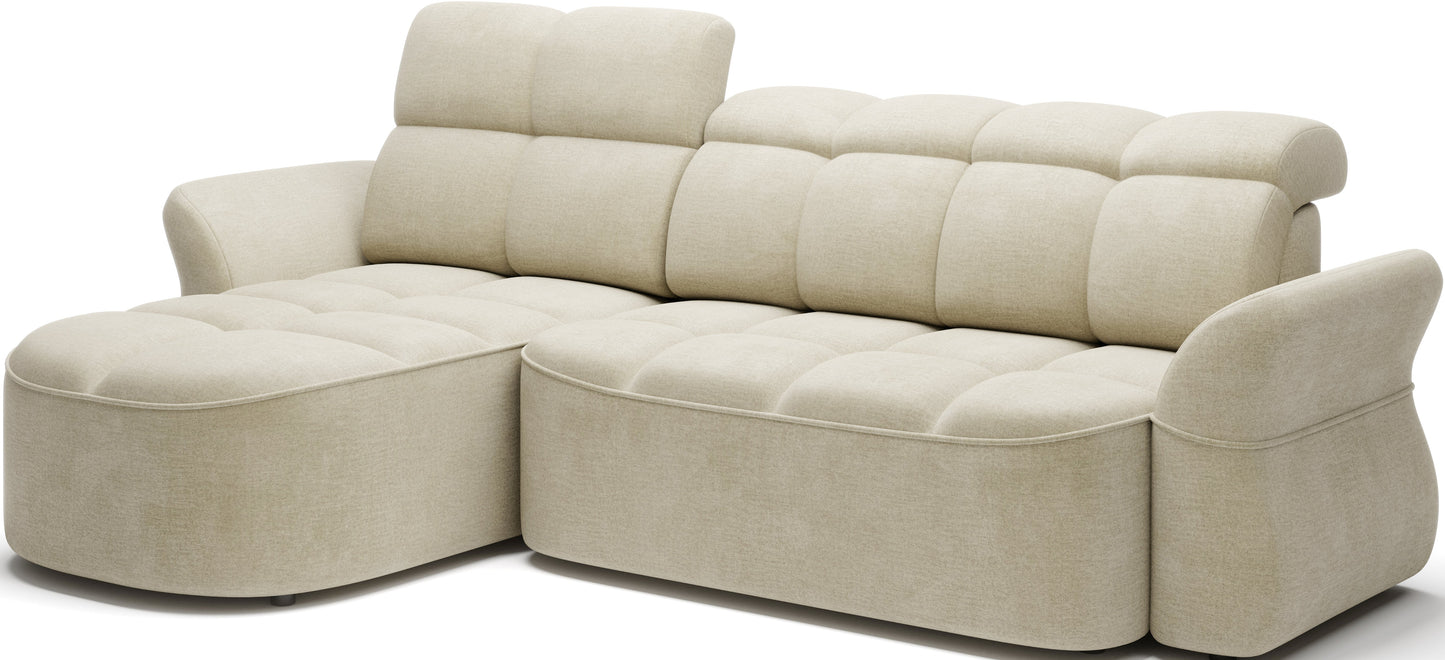 Jasnobeżowy narożnik L-kształtny lewy z funkcją spania, elektrycznym wysuwem siedziska i pojemnikiem na pościel