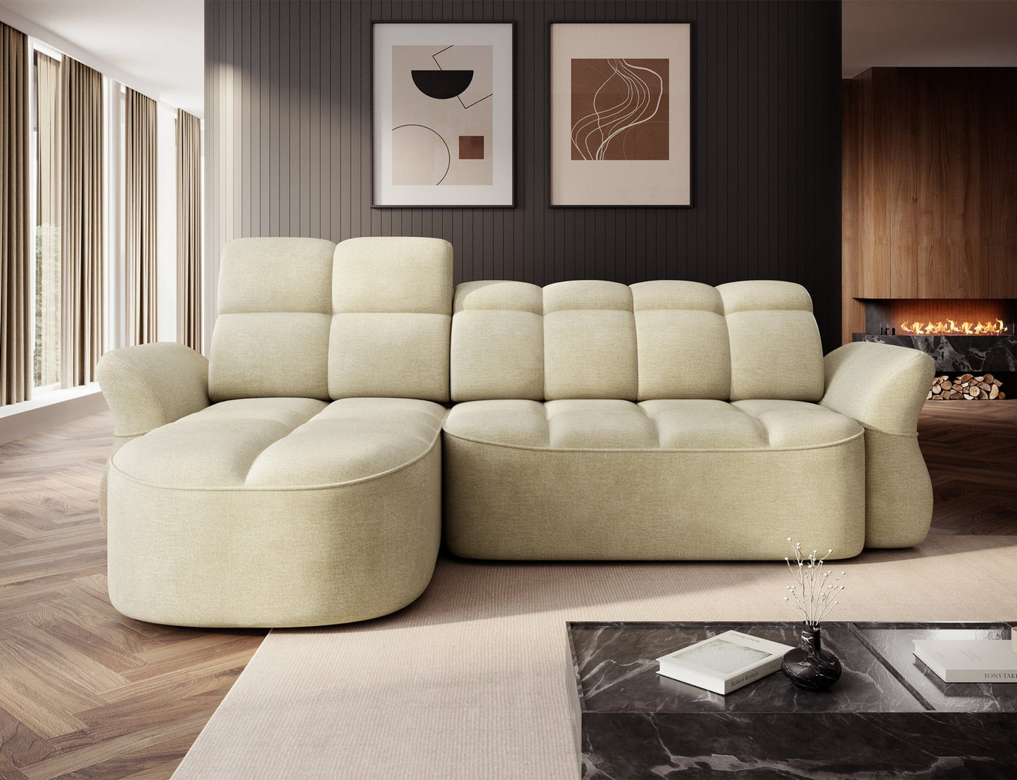 Jasnobeżowy narożnik L-kształtny lewy z funkcją spania, elektrycznym wysuwem siedziska i pojemnikiem na pościel