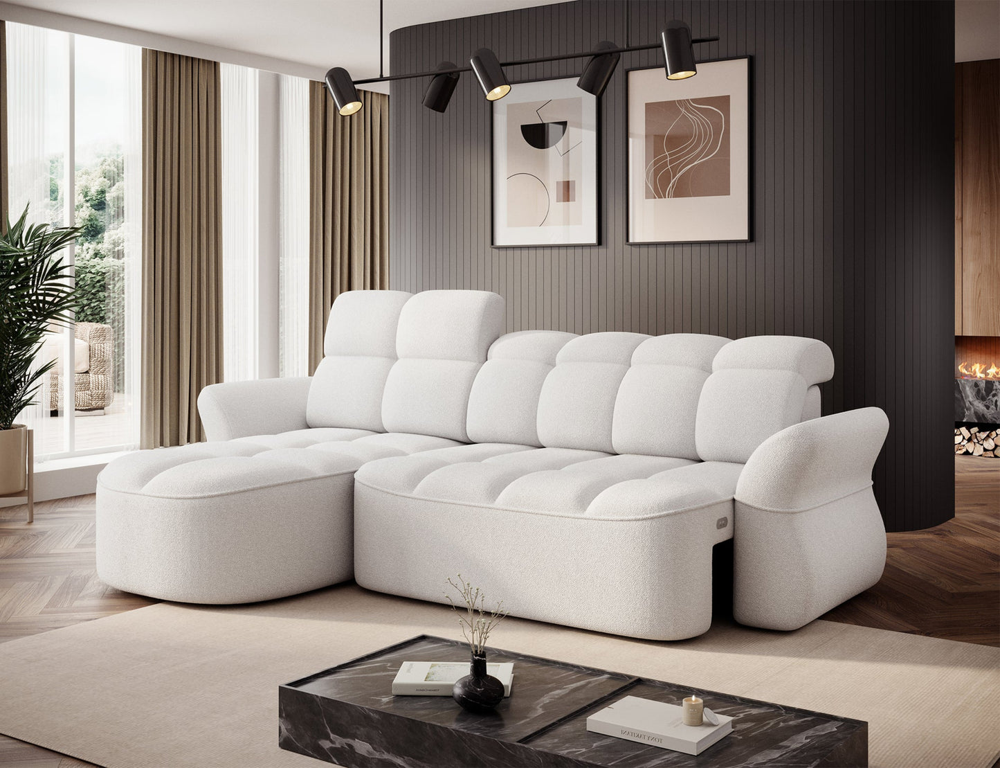 Biały narożnik L-kształtny lewy z funkcją spania, elektrycznym wysuwem siedziska i pojemnikiem na pościel