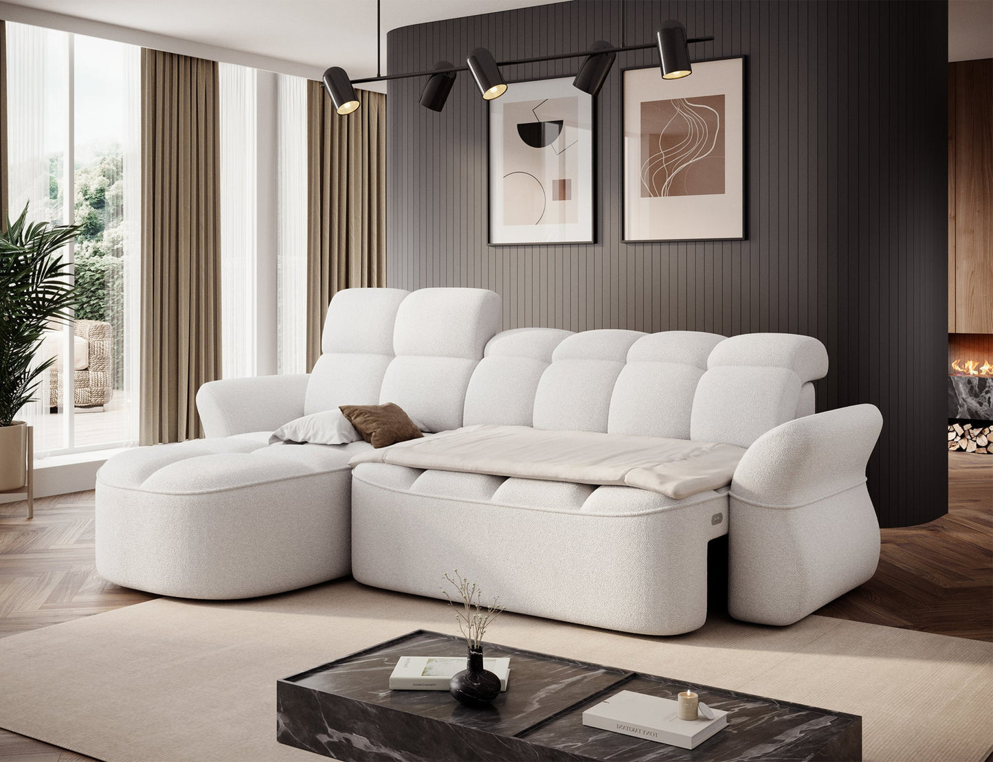 Biały narożnik L-kształtny lewy z funkcją spania, elektrycznym wysuwem siedziska i pojemnikiem na pościel