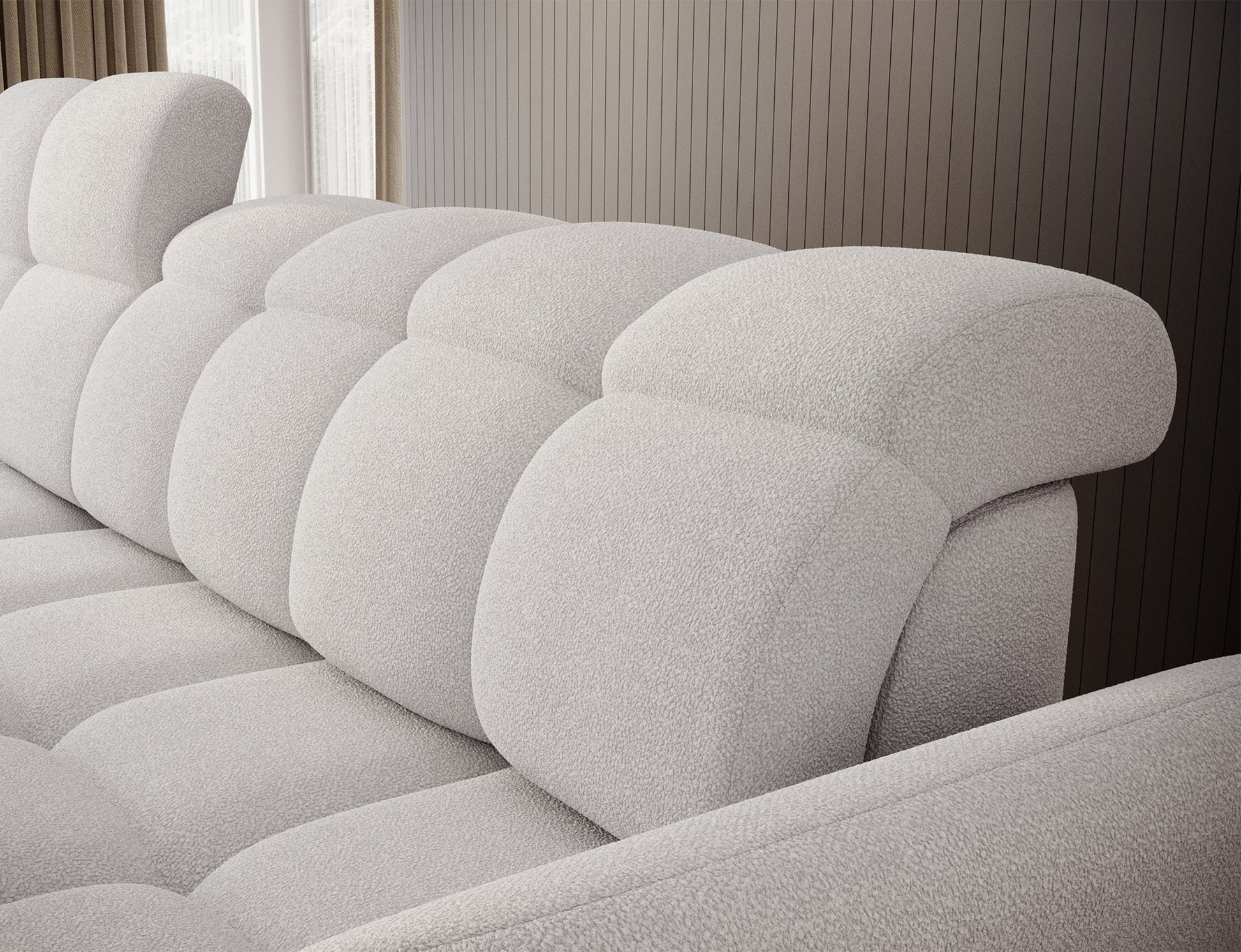 Biały narożnik L-kształtny lewy z funkcją spania, elektrycznym wysuwem siedziska i pojemnikiem na pościel