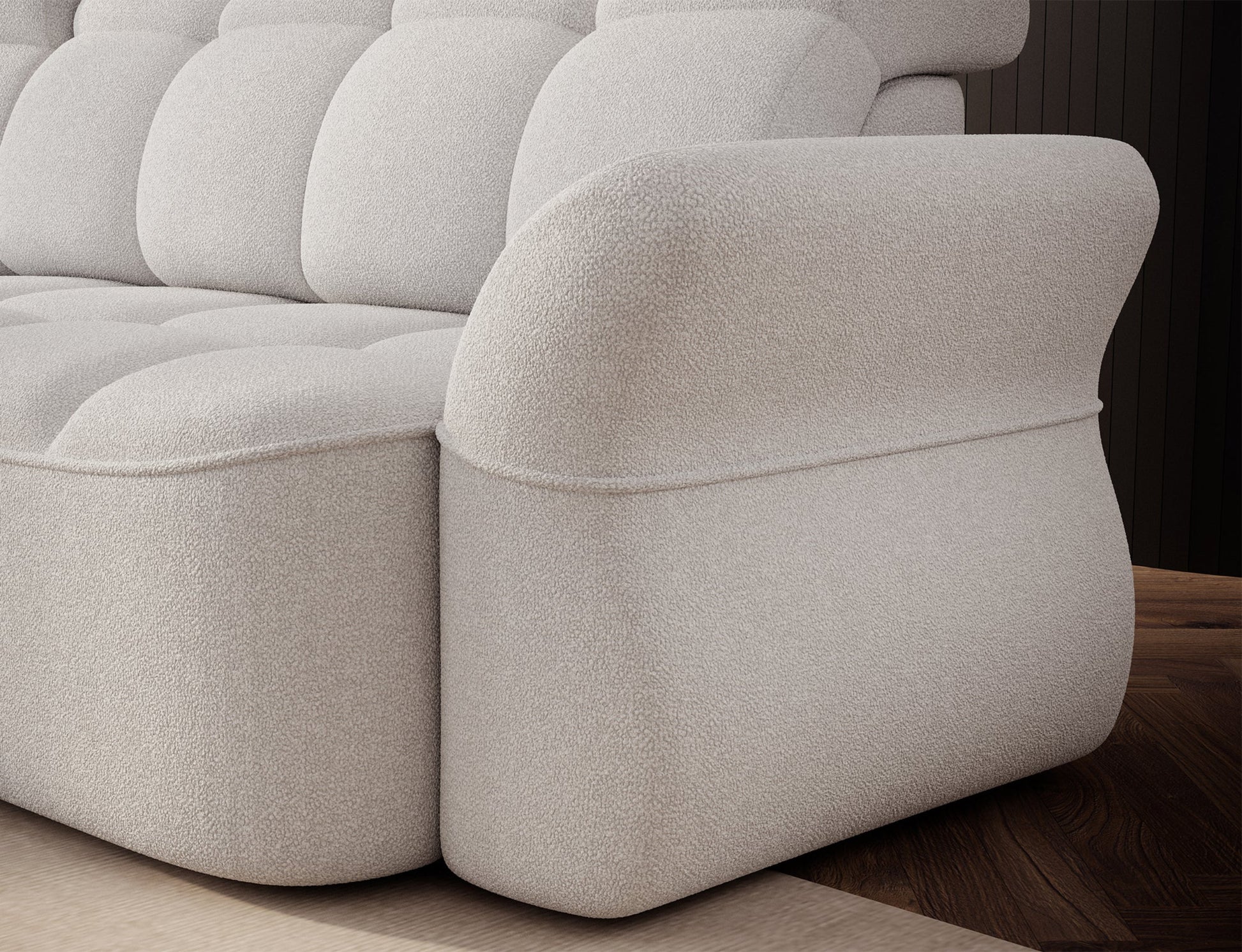 Biały narożnik L-kształtny lewy z funkcją spania, elektrycznym wysuwem siedziska i pojemnikiem na pościel