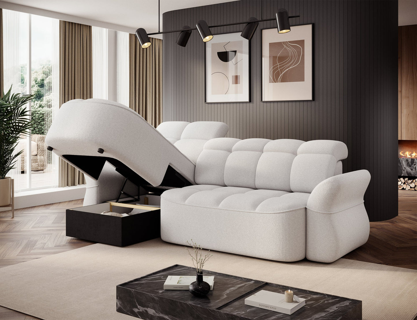 Biały narożnik L-kształtny lewy z funkcją spania, elektrycznym wysuwem siedziska i pojemnikiem na pościel