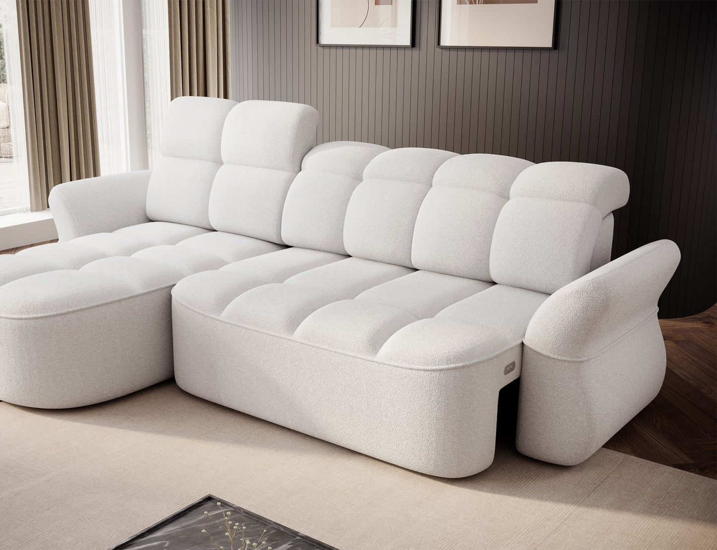 Biały narożnik L-kształtny lewy z funkcją spania, elektrycznym wysuwem siedziska i pojemnikiem na pościel