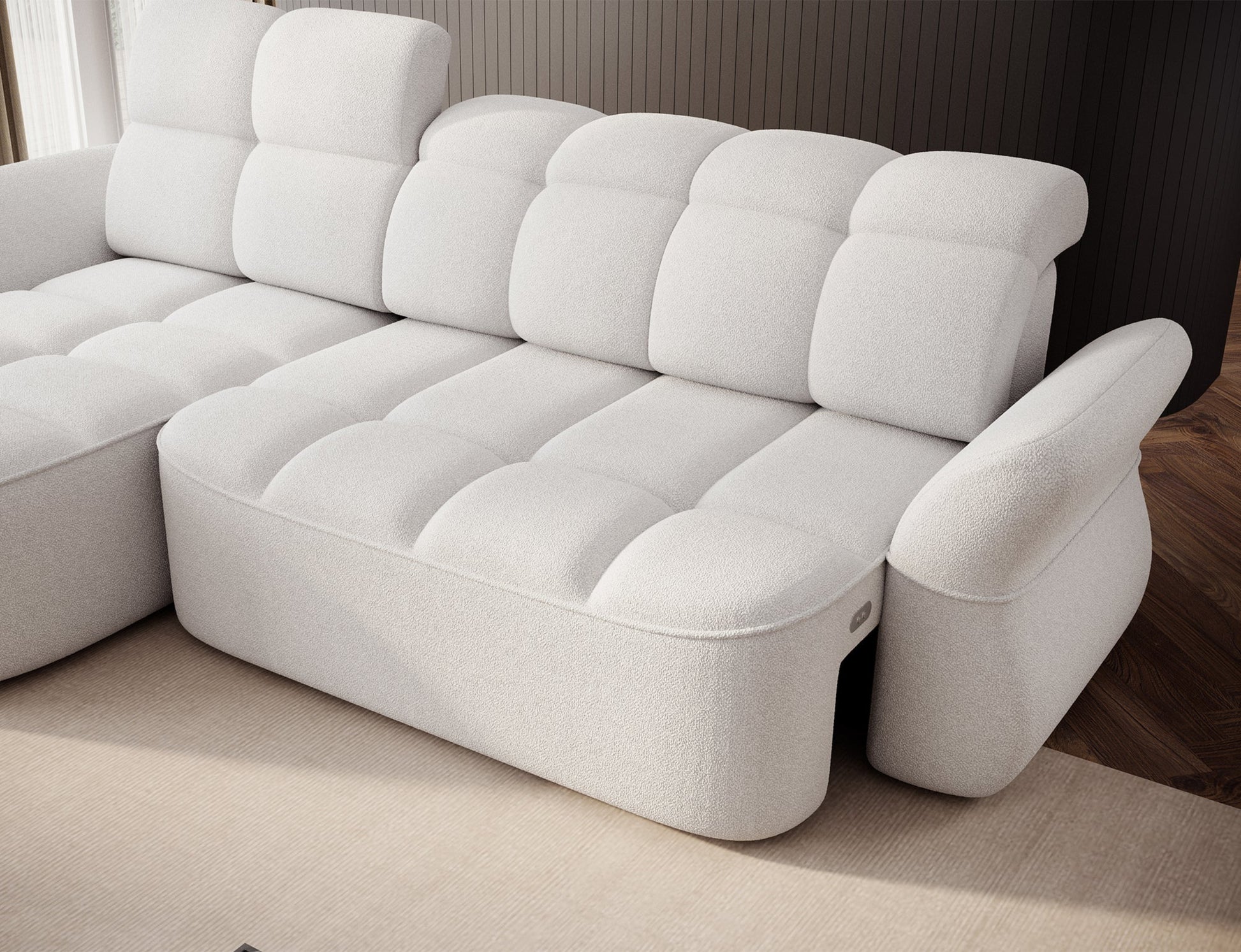 Biały narożnik L-kształtny lewy z funkcją spania, elektrycznym wysuwem siedziska i pojemnikiem na pościel