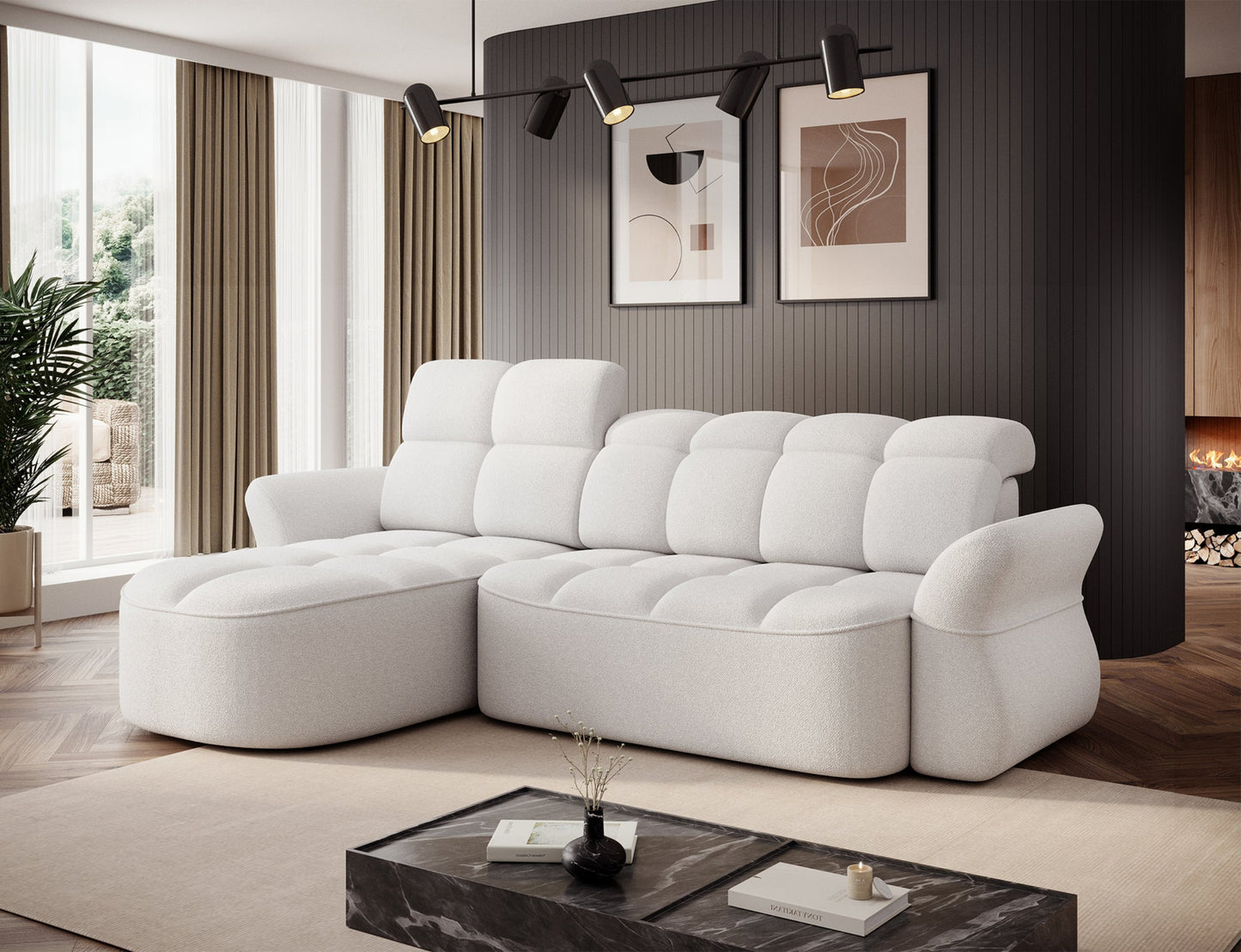 Biały narożnik L-kształtny lewy z funkcją spania, elektrycznym wysuwem siedziska i pojemnikiem na pościel