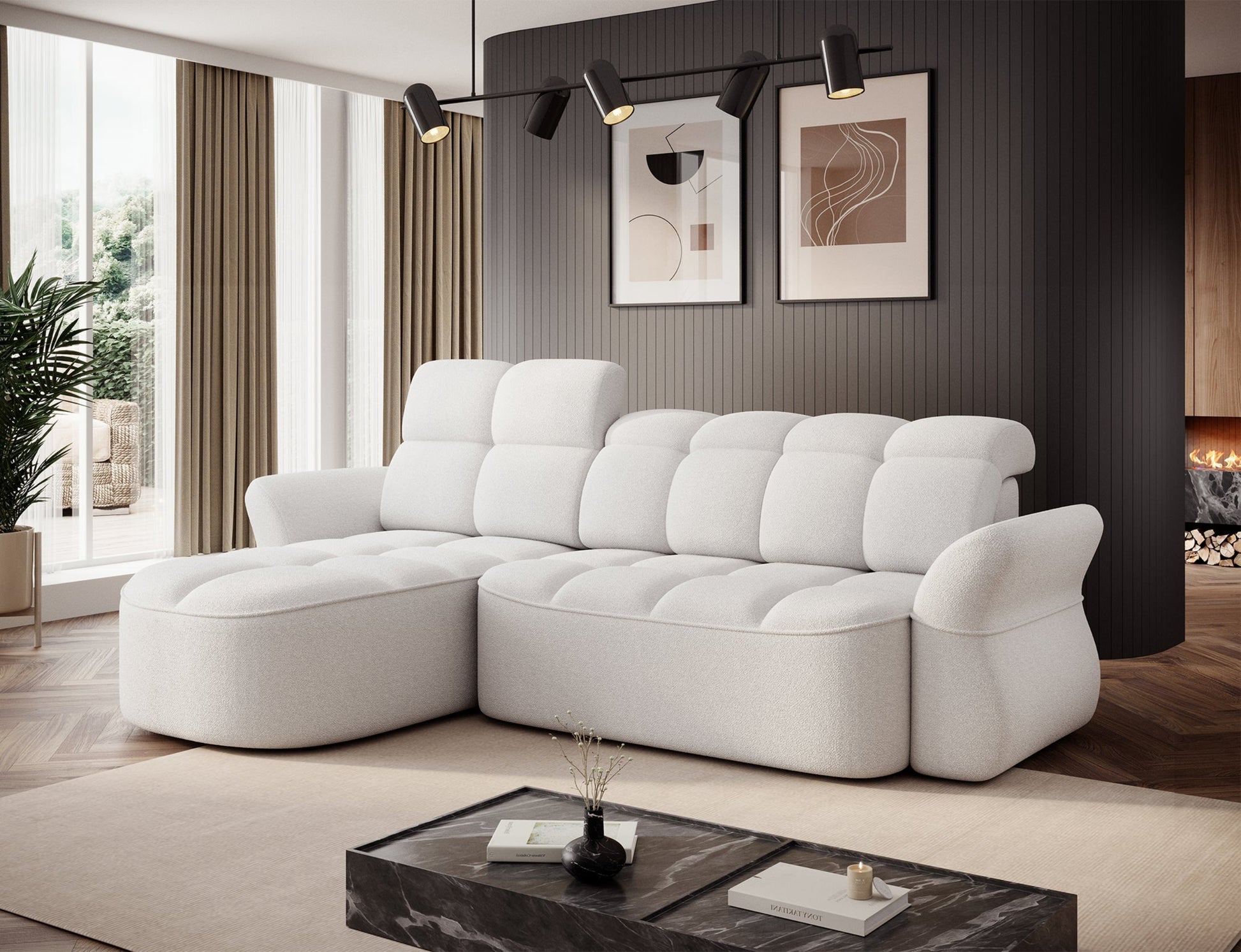 Biały narożnik L-kształtny lewy z funkcją spania, elektrycznym wysuwem siedziska i pojemnikiem na pościel