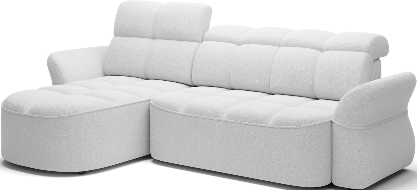 Biały narożnik L-kształtny lewy z funkcją spania, elektrycznym wysuwem siedziska i pojemnikiem na pościel