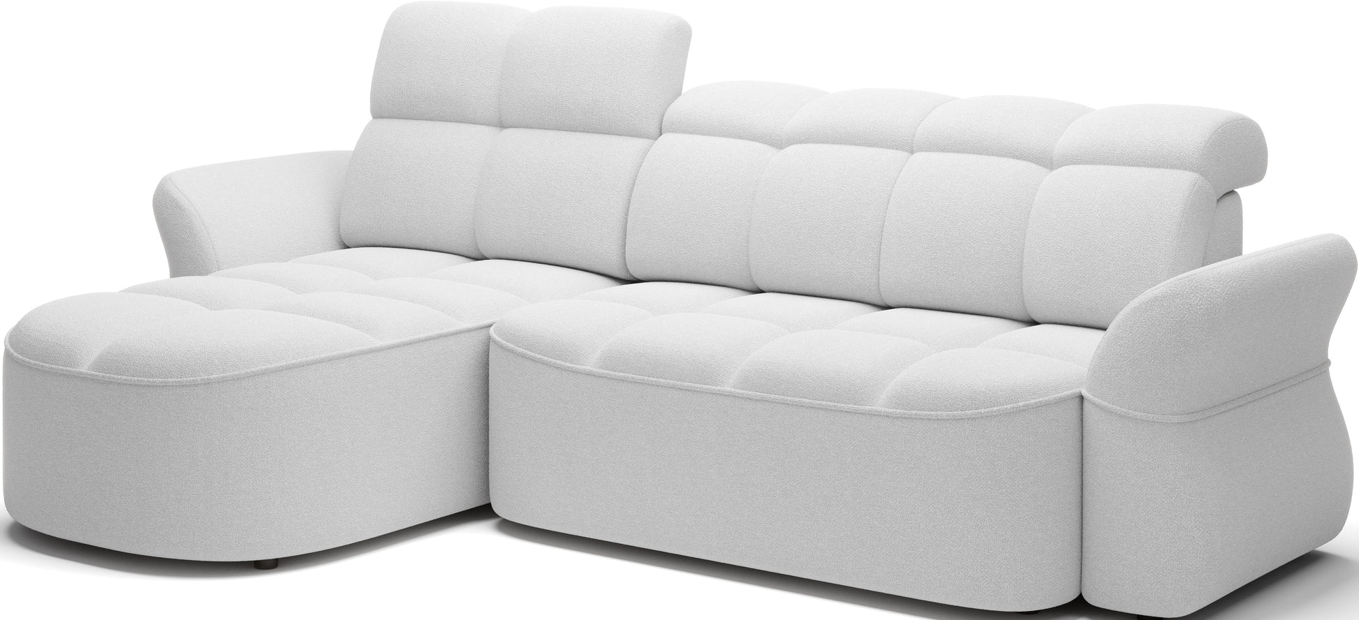 Biały narożnik L-kształtny lewy z funkcją spania, elektrycznym wysuwem siedziska i pojemnikiem na pościel