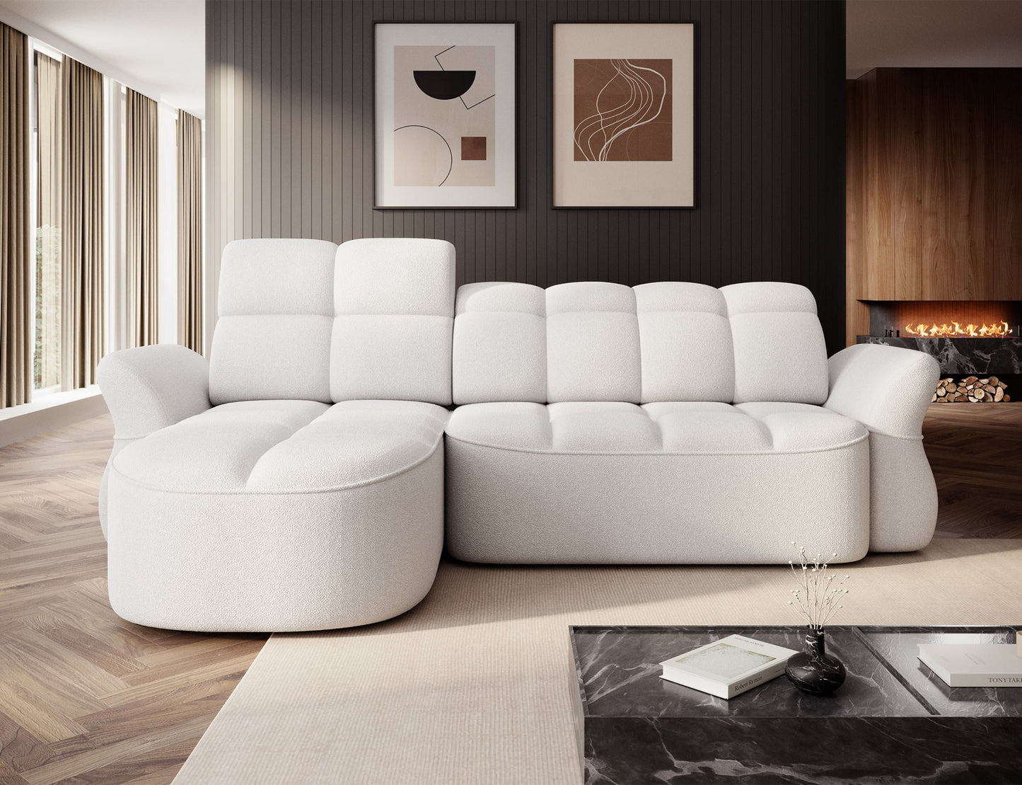 Biały narożnik L-kształtny lewy z funkcją spania, elektrycznym wysuwem siedziska i pojemnikiem na pościel