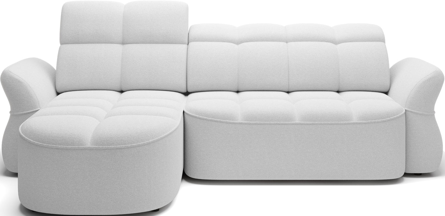 Biały narożnik L-kształtny lewy z funkcją spania, elektrycznym wysuwem siedziska i pojemnikiem na pościel