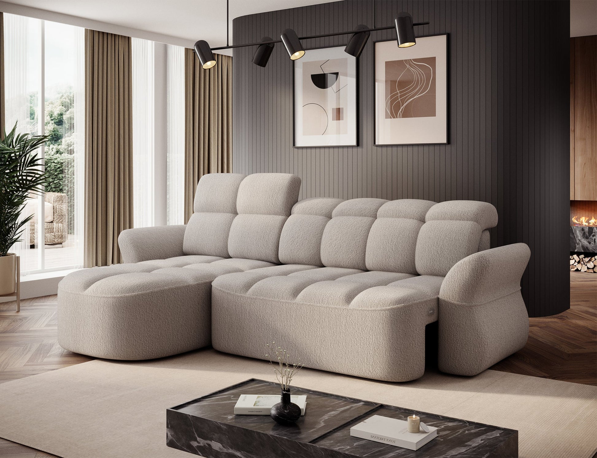 Beżowy narożnik L-kształtny lewy z funkcją spania, elektrycznym wysuwem siedziska i pojemnikiem na pościel