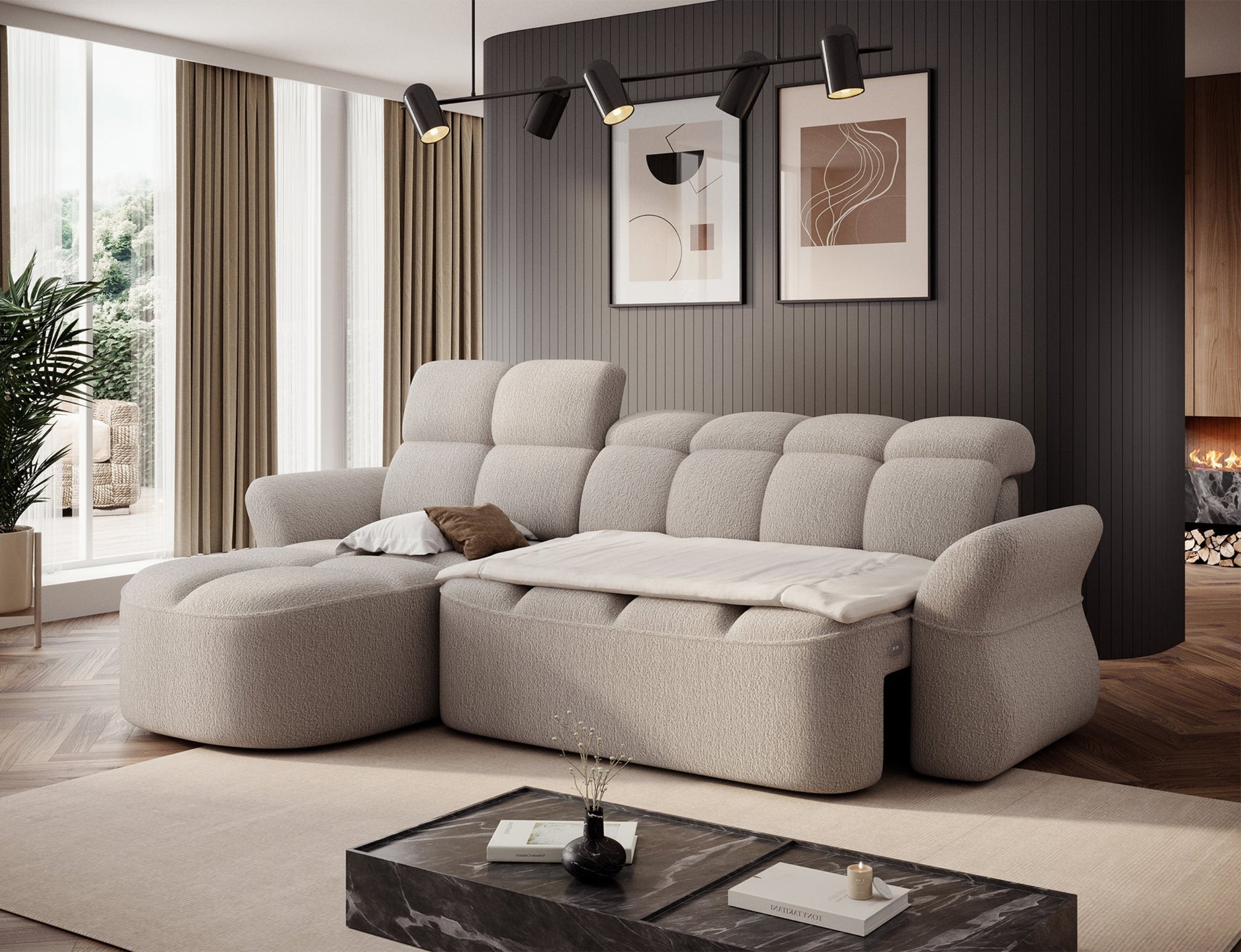 Beżowy narożnik L-kształtny lewy z funkcją spania, elektrycznym wysuwem siedziska i pojemnikiem na pościel