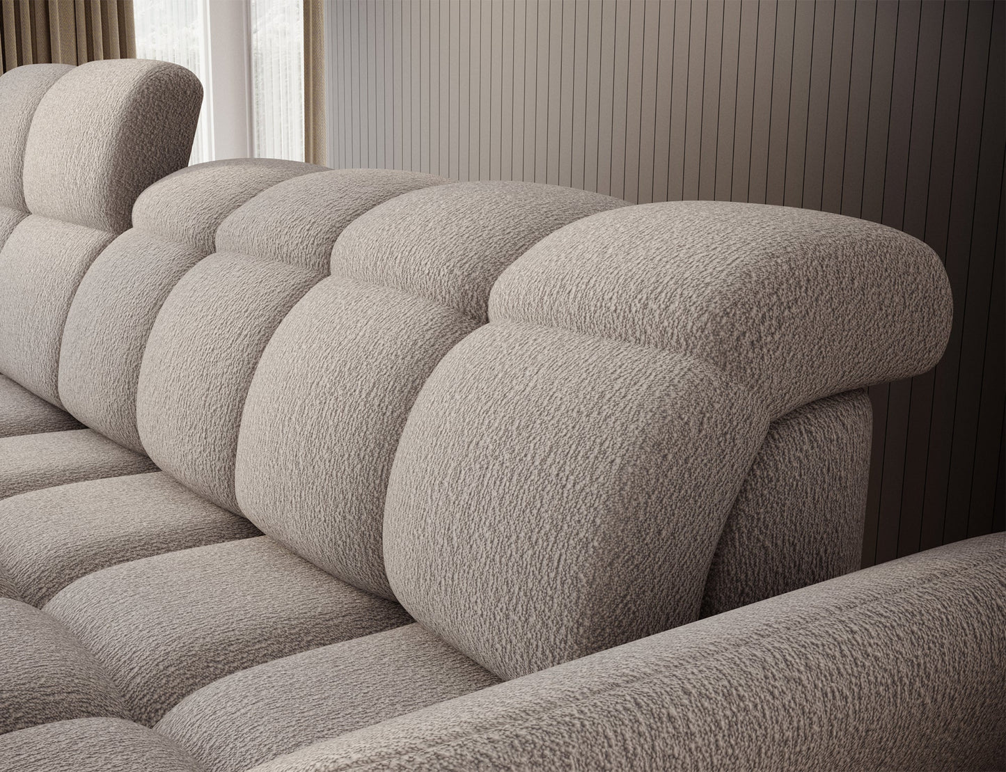 Beżowy narożnik L-kształtny lewy z funkcją spania, elektrycznym wysuwem siedziska i pojemnikiem na pościel