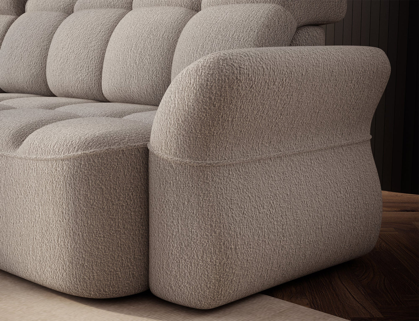 Beżowy narożnik L-kształtny lewy z funkcją spania, elektrycznym wysuwem siedziska i pojemnikiem na pościel