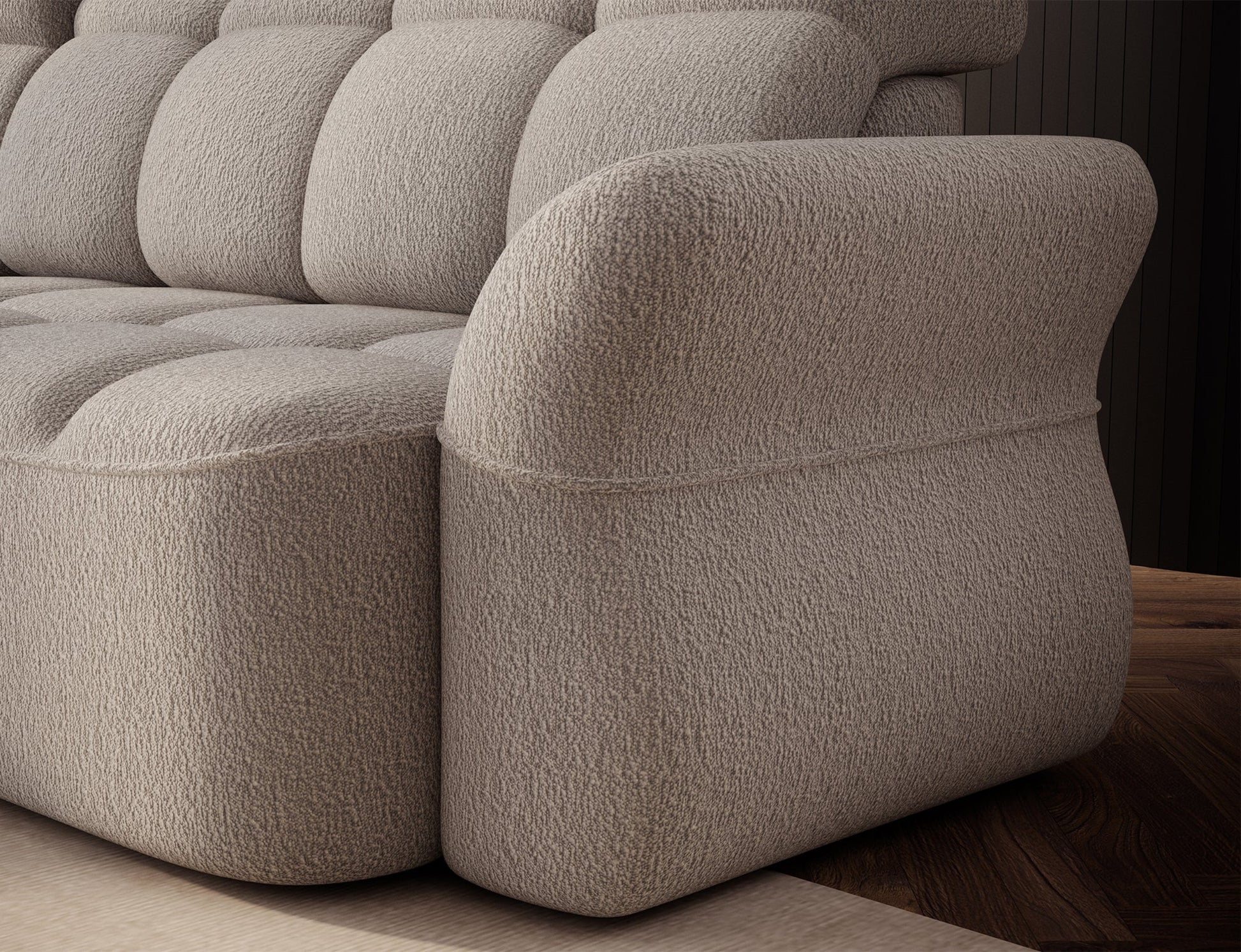 Beżowy narożnik L-kształtny lewy z funkcją spania, elektrycznym wysuwem siedziska i pojemnikiem na pościel