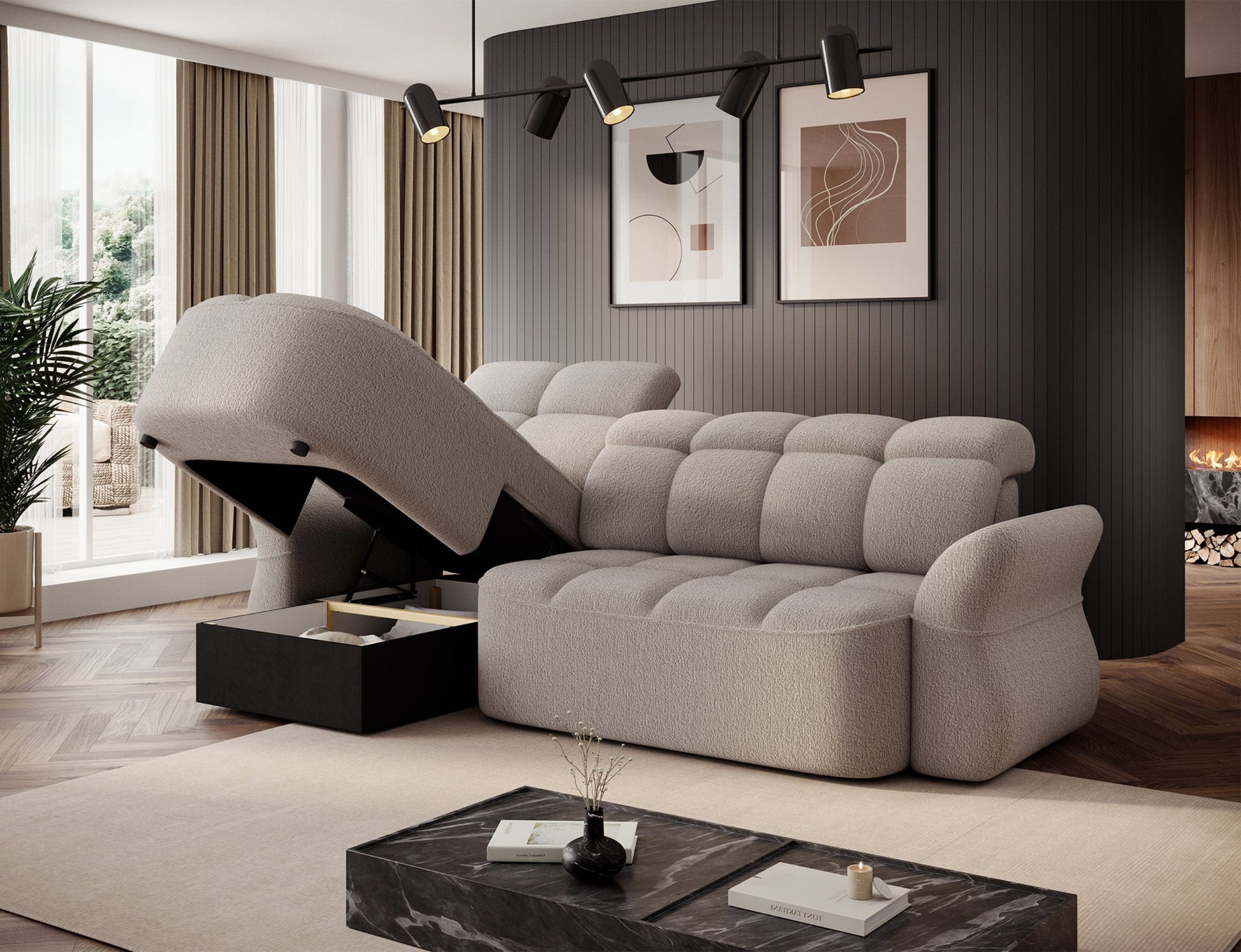 Beżowy narożnik L-kształtny lewy z funkcją spania, elektrycznym wysuwem siedziska i pojemnikiem na pościel